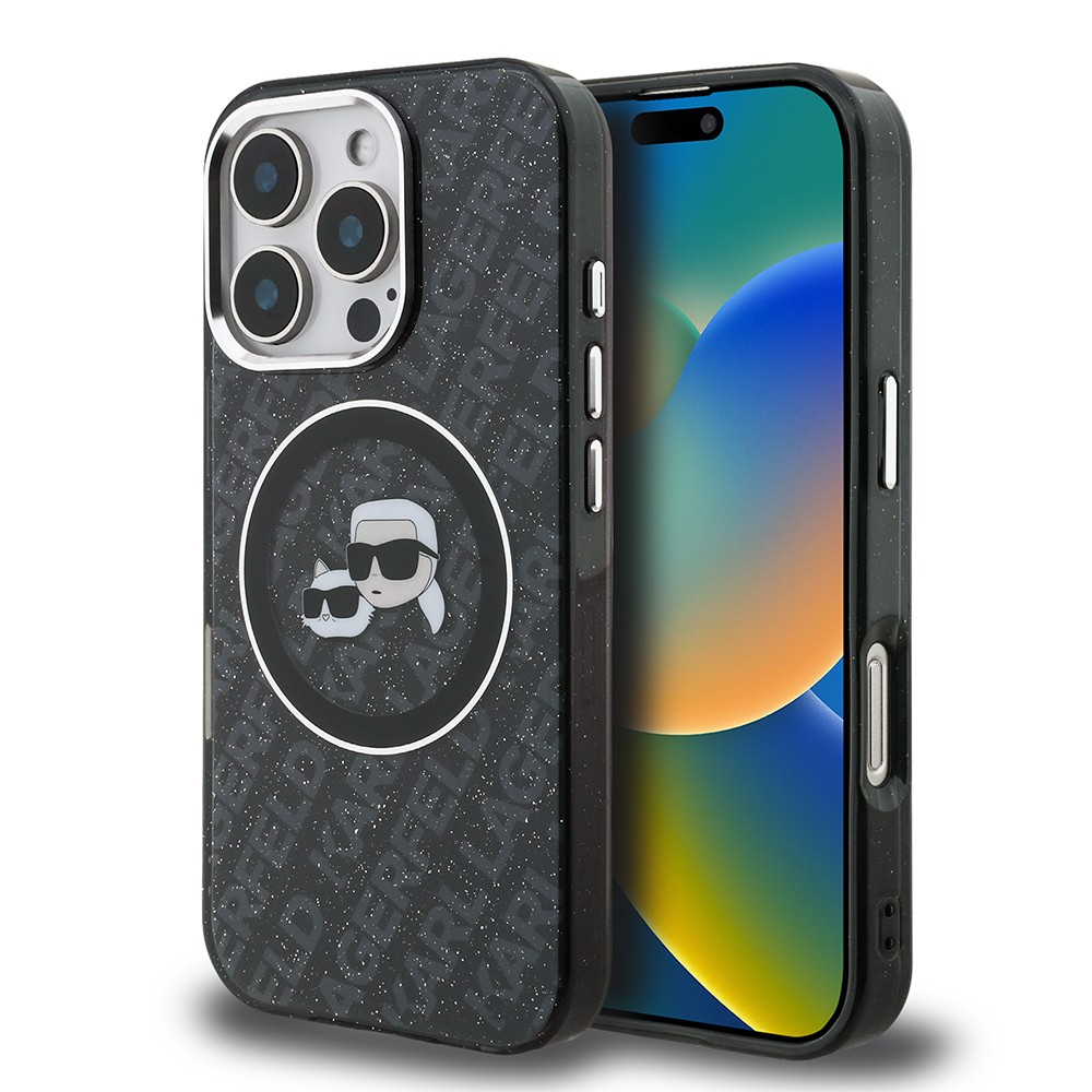 Apple iPhone 16 Pro Max Kılıf Karl Lagerfeld Orjinal Lisanslı Parlayan Simli Karl & Choupette Heads Kapak