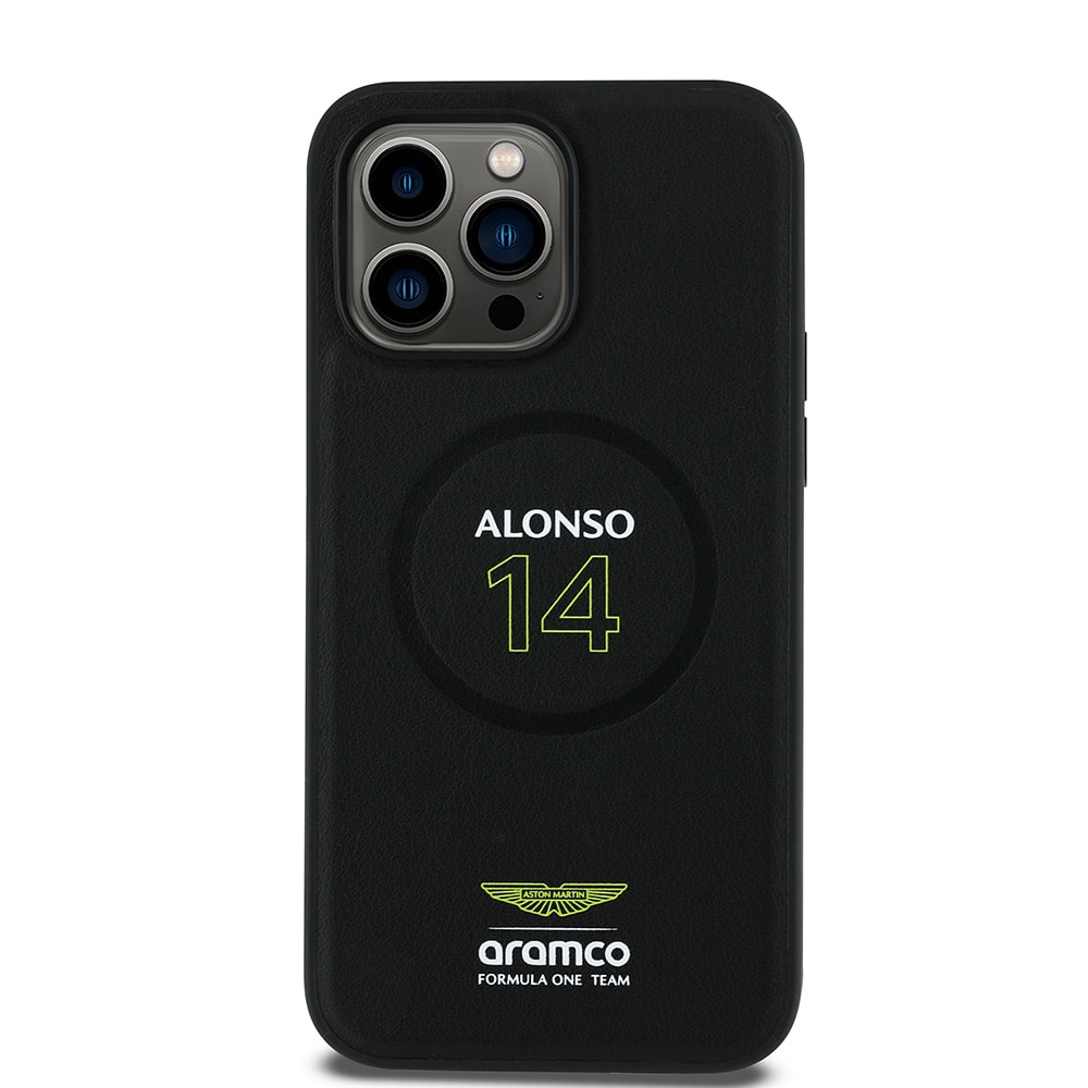 Apple iPhone 14 Pro Max Kılıf Aston Martin Orjinal Lisanslı M-safe Şarj Özellikli PU Deri Alonso 14 Baskılı Kapak