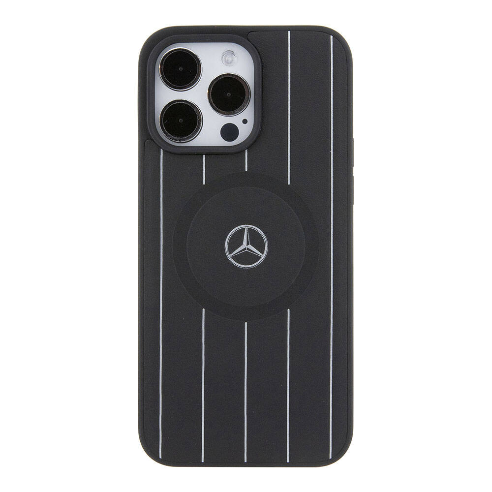 Apple iPhone 15 Pro Max Kılıf Mercedes Benz Orjinal Lisanslı M-safe Şarj Özellikli Baskı Logolu Paralel Çizgi Desenli Deri Kapak