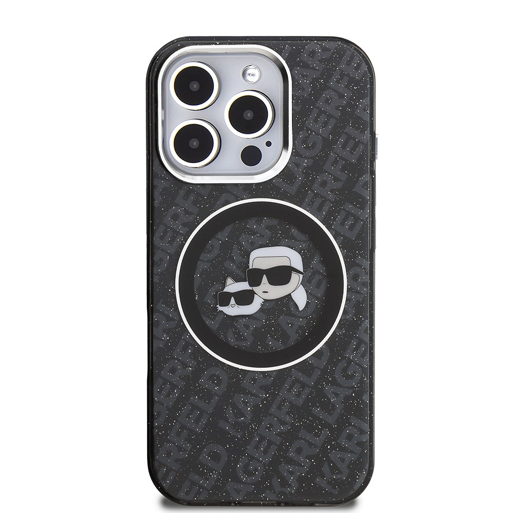 Apple iPhone 16 Pro Max Kılıf Karl Lagerfeld Orjinal Lisanslı Parlayan Simli Karl & Choupette Heads Kapak