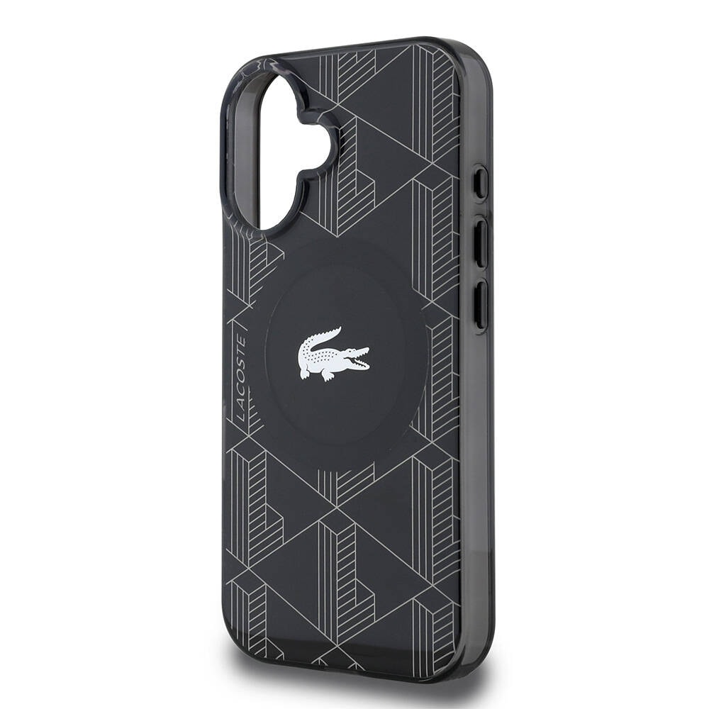 Apple iPhone 16 Kılıf Lacoste Orjinal Lisanslı M-safe Şarj Özellikli IML Baskılı Gümüş Timsah Logolu Monogram Kapak