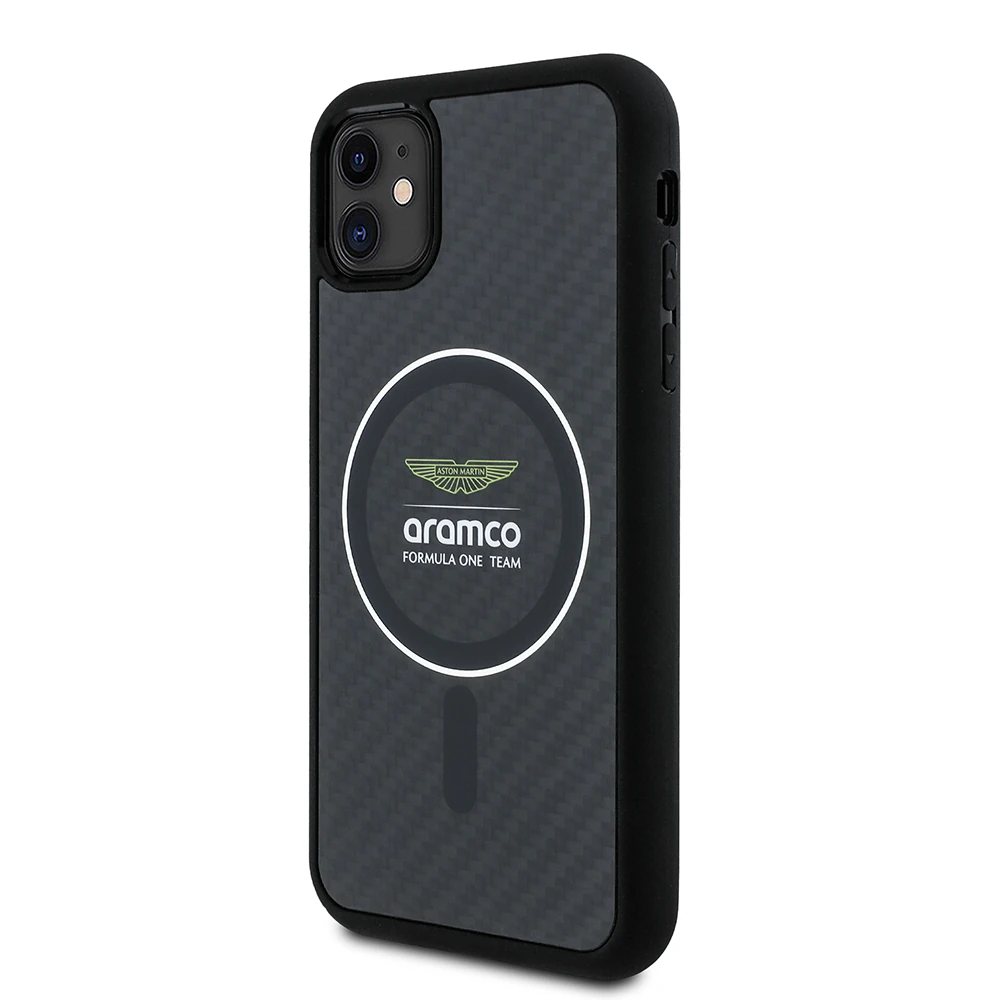 Apple iPhone 11 Kılıf Aston Martin Orjinal Lisanslı M-safe Şarj Özellikli Renkli Halka ve Karbon Fiber Tasarımlı Kapak