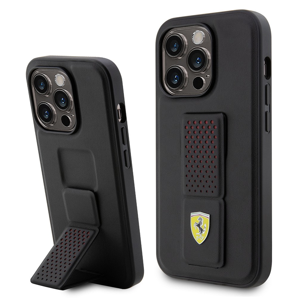 Apple iPhone 14 Pro Kılıf Ferrari Orjinal Lisanlı Klasik Metal Logolu Delikli Standlı Deri Kapak