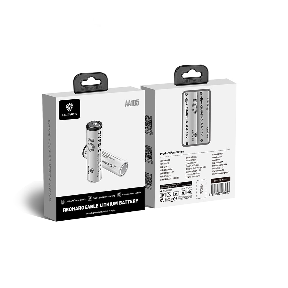 Lenyes AA105 Type-C Şarj Portlu Şarj Edilebilir AA Lityum-ion Pil 2800mWh 1.5V 2 Adet