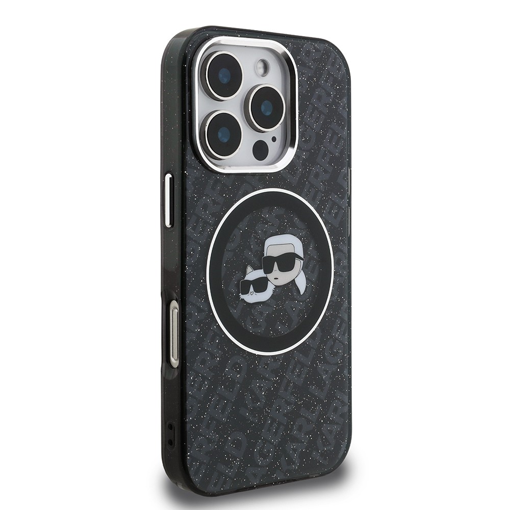 Apple iPhone 16 Pro Kılıf Karl Lagerfeld Orjinal Lisanslı Parlayan Simli Karl & Choupette Heads Kapak