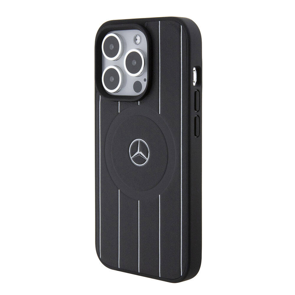 Apple iPhone 15 Pro Kılıf Mercedes Benz Orjinal Lisanslı M-safe Şarj Özellikli Baskı Logolu Paralel Çizgi Desenli Deri Kapak