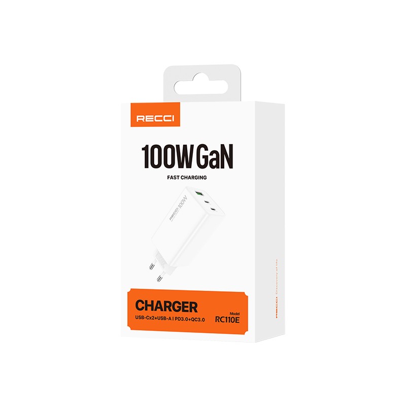 Recci RC110E Type-C PD & USB-A GaN Teknolojili QC3.0 Hızlı Şarj Başlığı 100W
