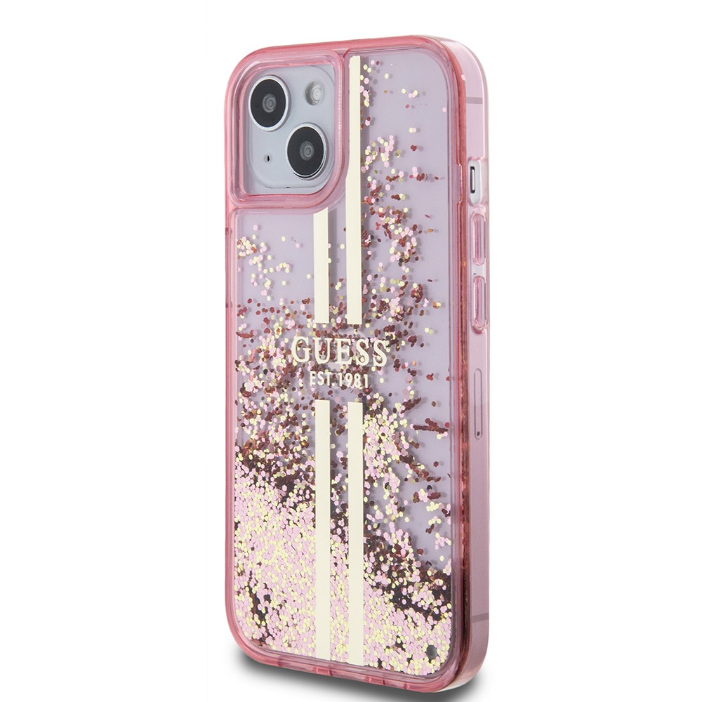 Apple iPhone 14 Kılıf Guess Orjinal Lisanslı Transparan Sıvılı Simli Altın Çizgili Kapak