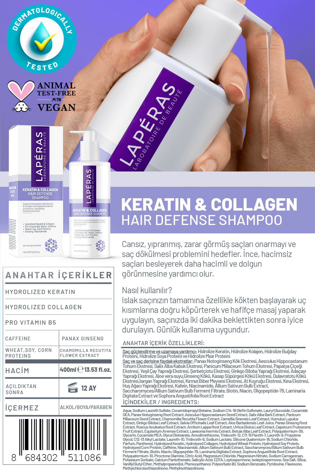 Besleyici Onarıcı ve Dökülme Karşıtı Keratin & Collagen Saç Bakım Şampuanı