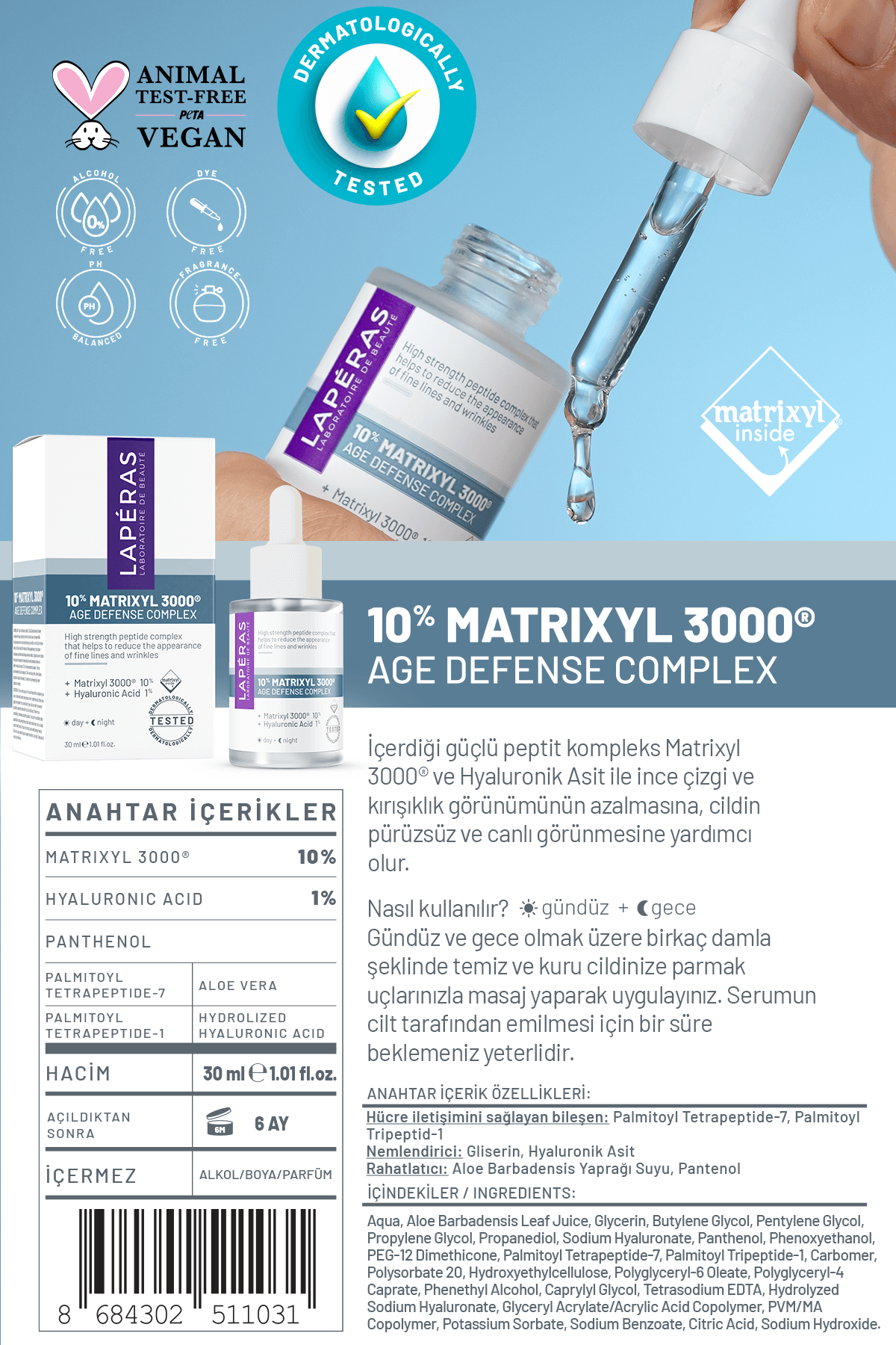 Yaşlanma ve Kırışıklık Karşıtı Peptit Kompleks 10% Matrixyl 3000® Age Defense Serum