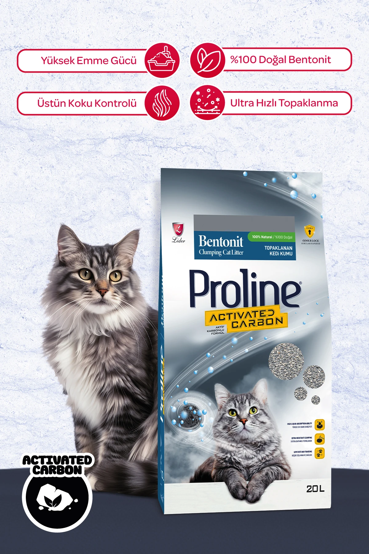 Proline Aktif Karbonlu Topaklanan Kedi Kumu 20 Lt