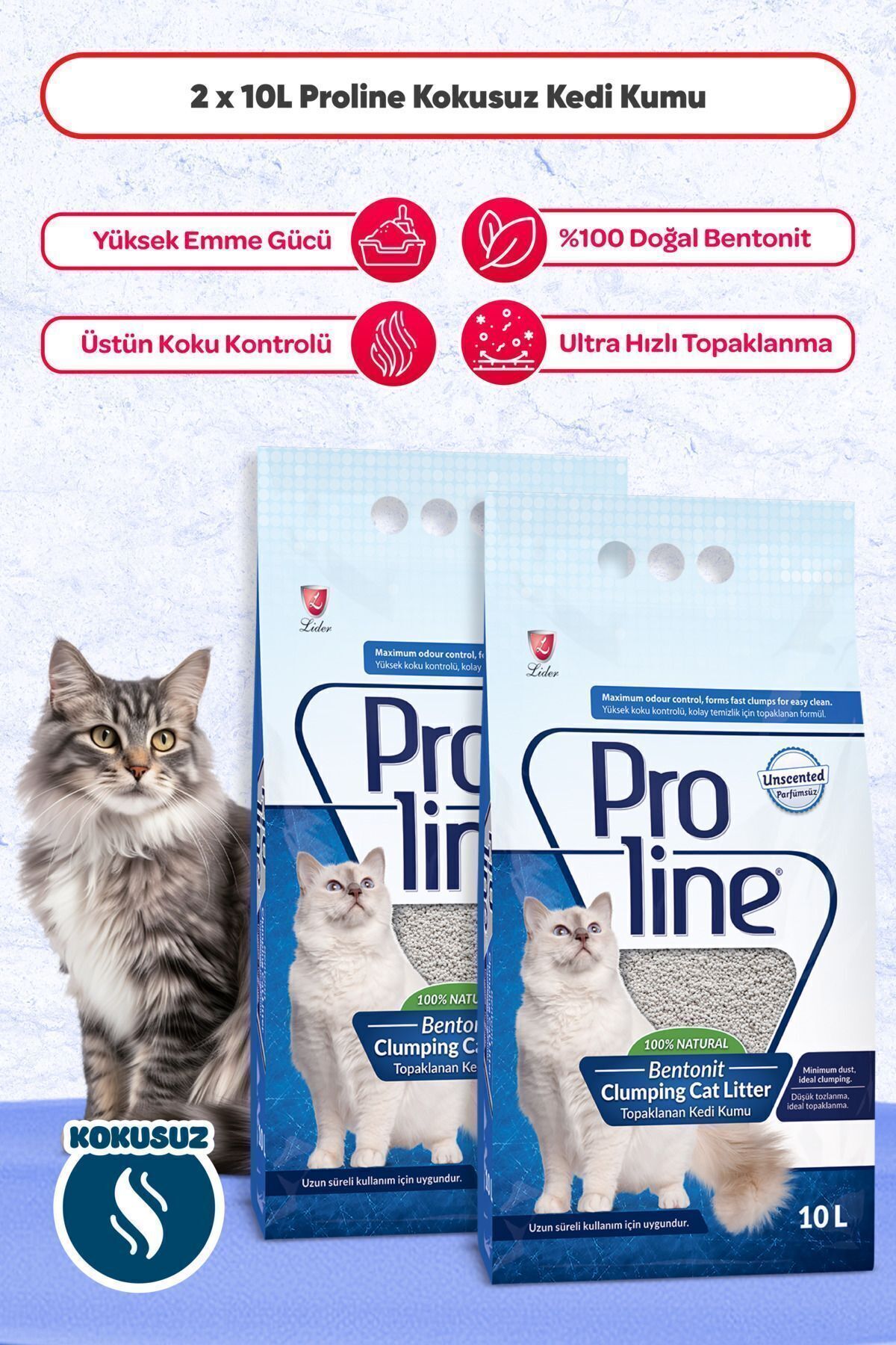 Proline Kokusuz İnce Taneli Topaklanan Bentonit Kedi Kumu 10 Lt x 2 Adet