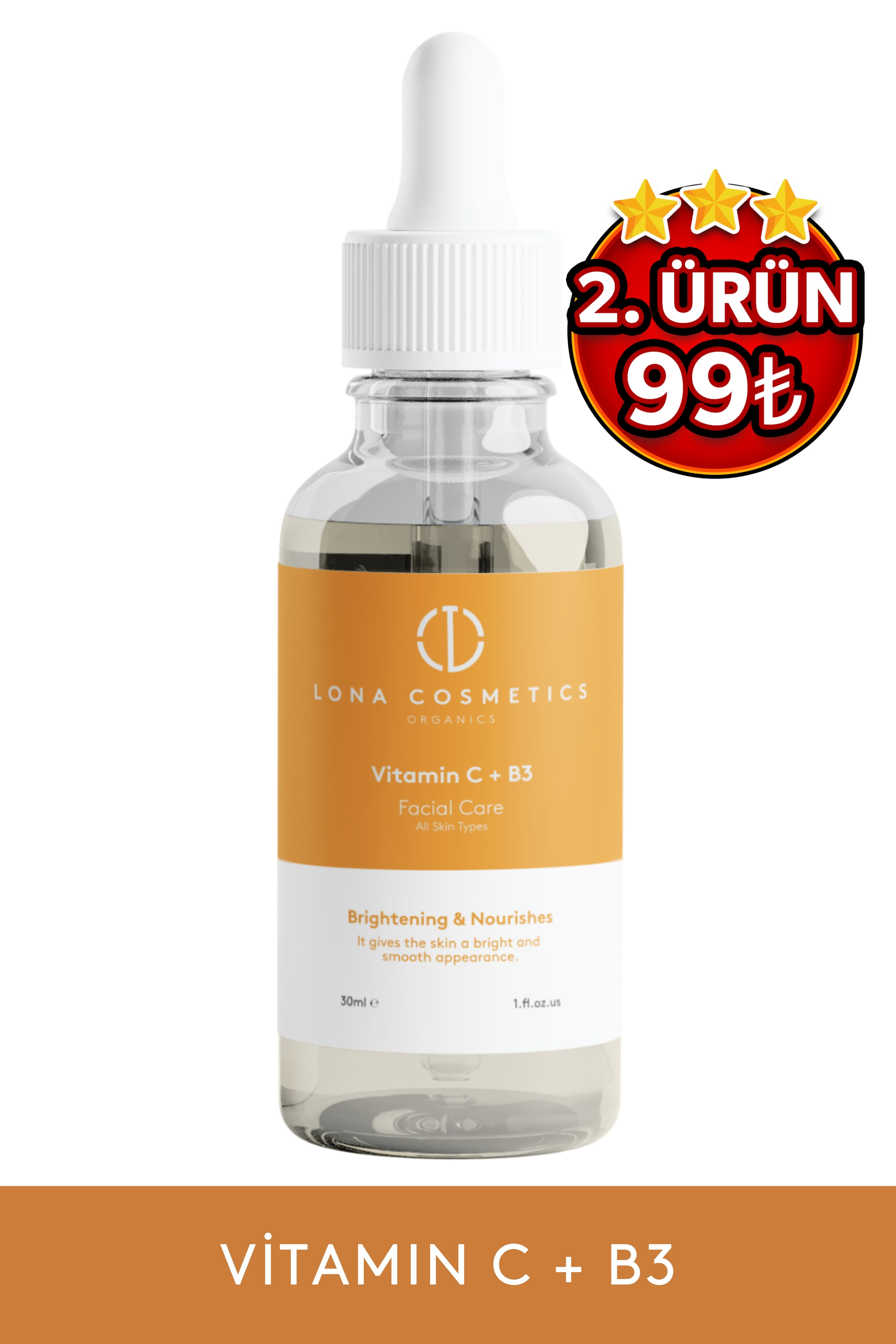 C Vitamini + B3 Aydınlatıcı ve Cilt Tonu Eşitlemeye Yardımcı, Canlandırıcı ve Besleyici Cilt Bakım Serumu