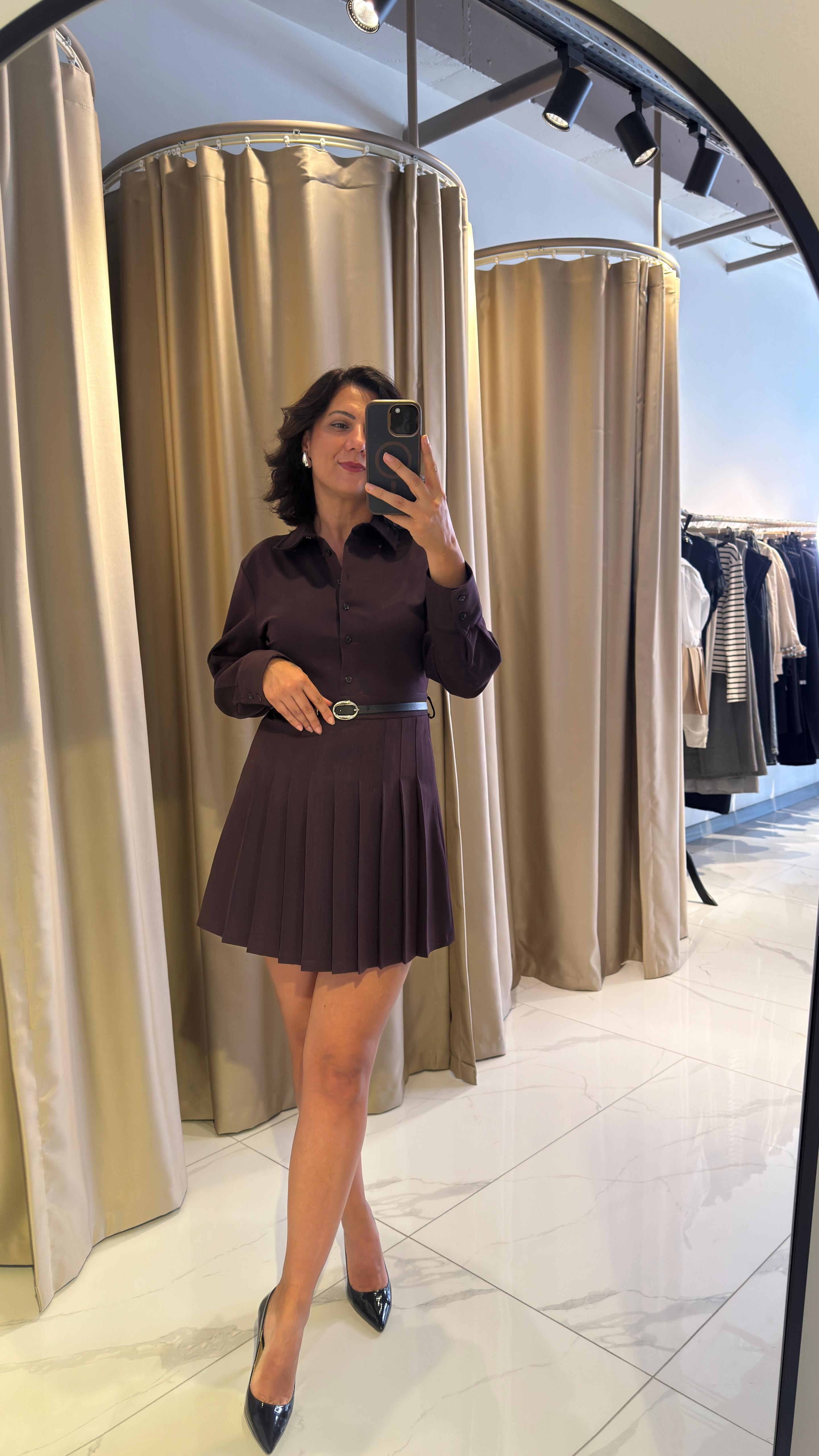 PİLELİ ÇİZGİLİ KEMER DETAY ELBİSE
