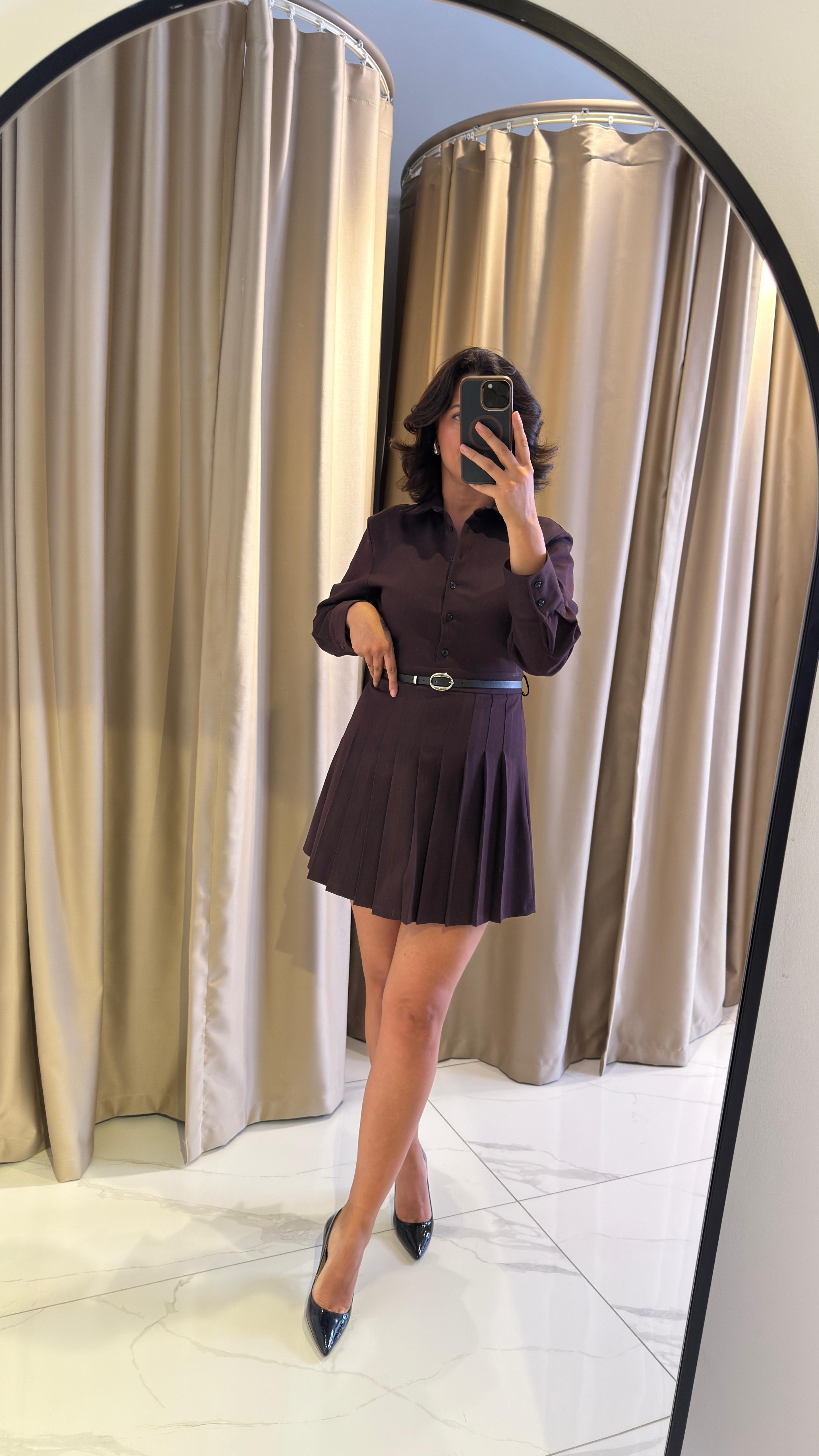 PİLELİ ÇİZGİLİ KEMER DETAY ELBİSE
