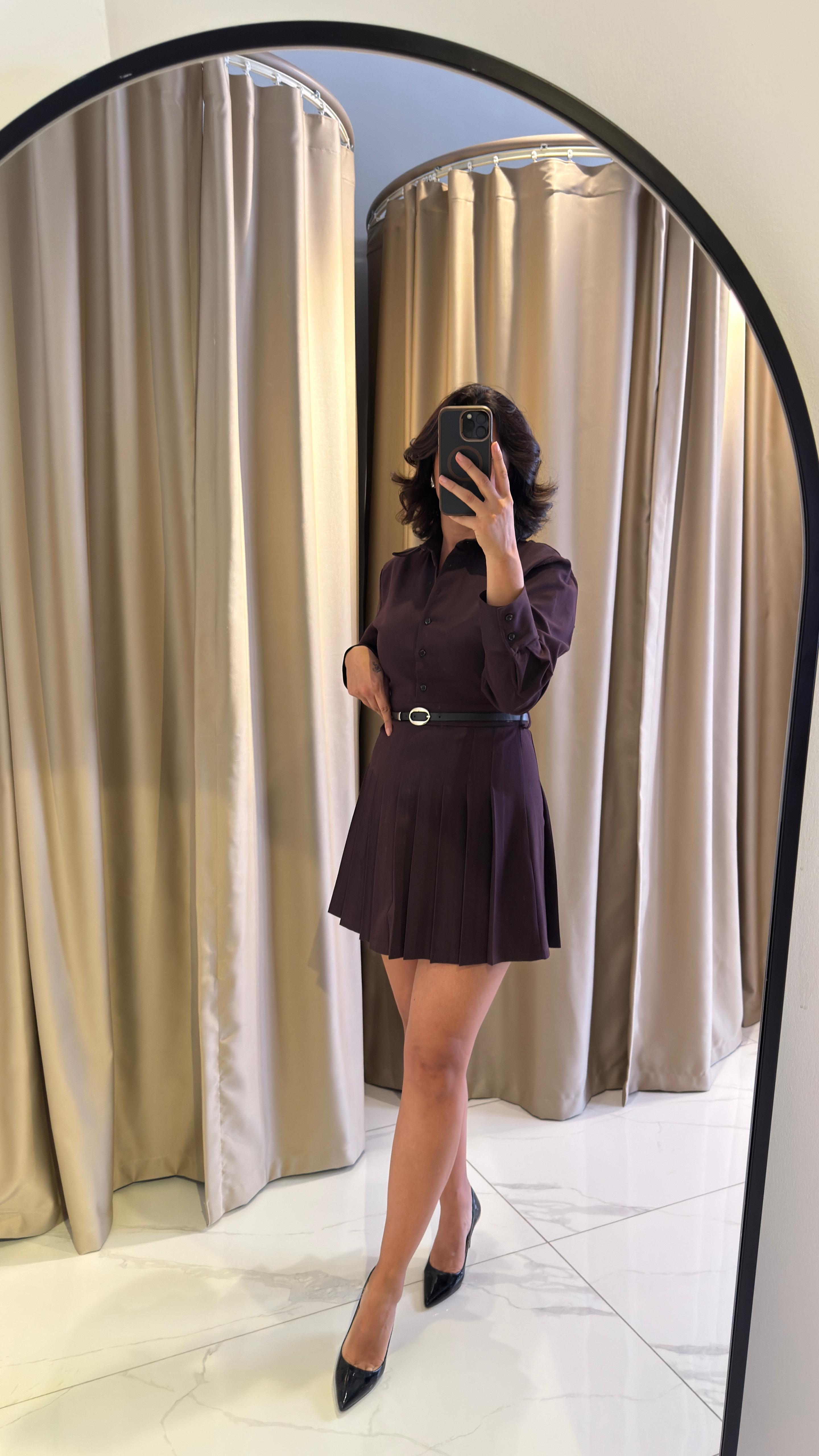 PİLELİ ÇİZGİLİ KEMER DETAY ELBİSE
