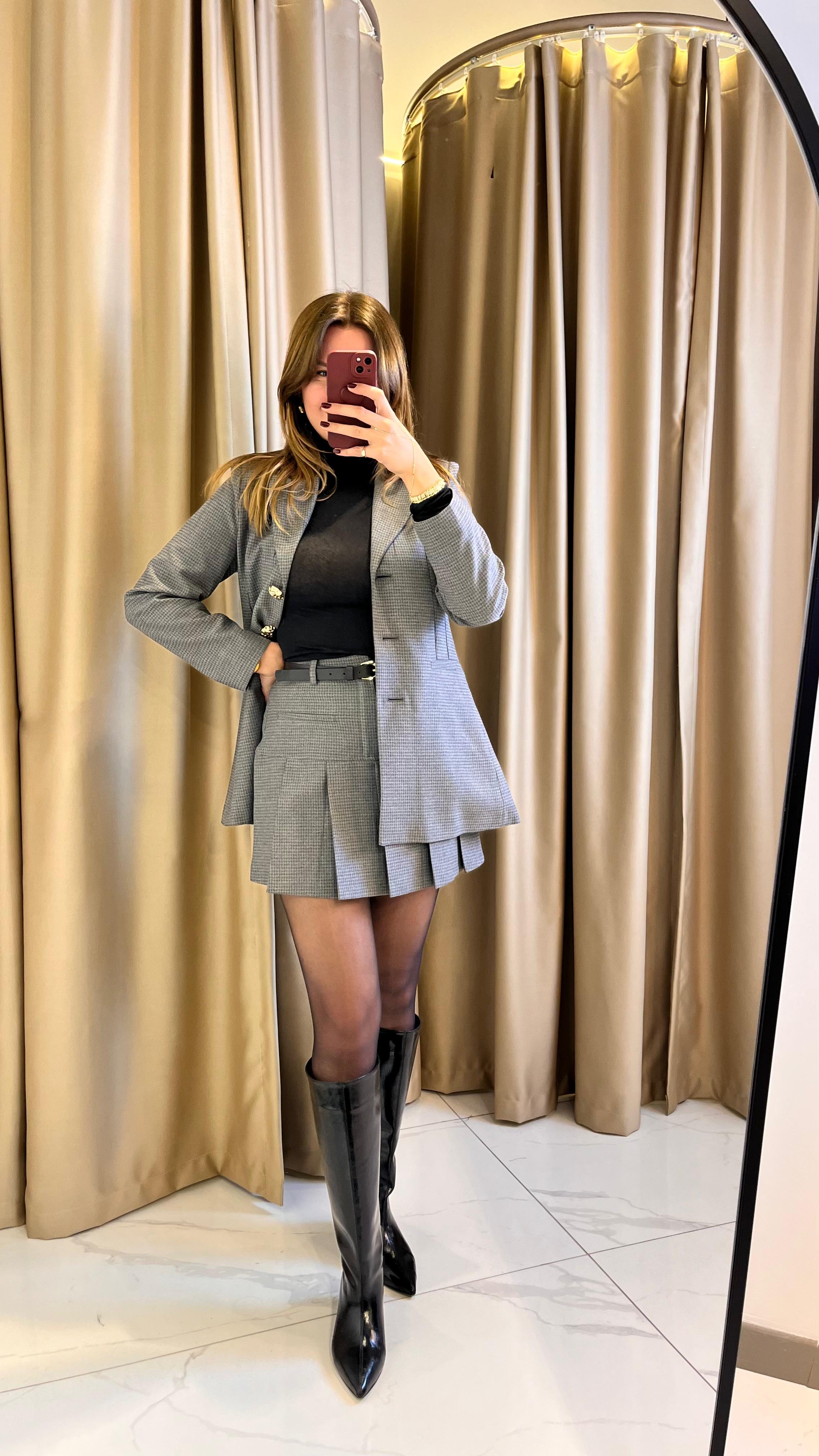 KAZ AYAĞI DESENLİ KEMERLİ PİLELİ ETEK