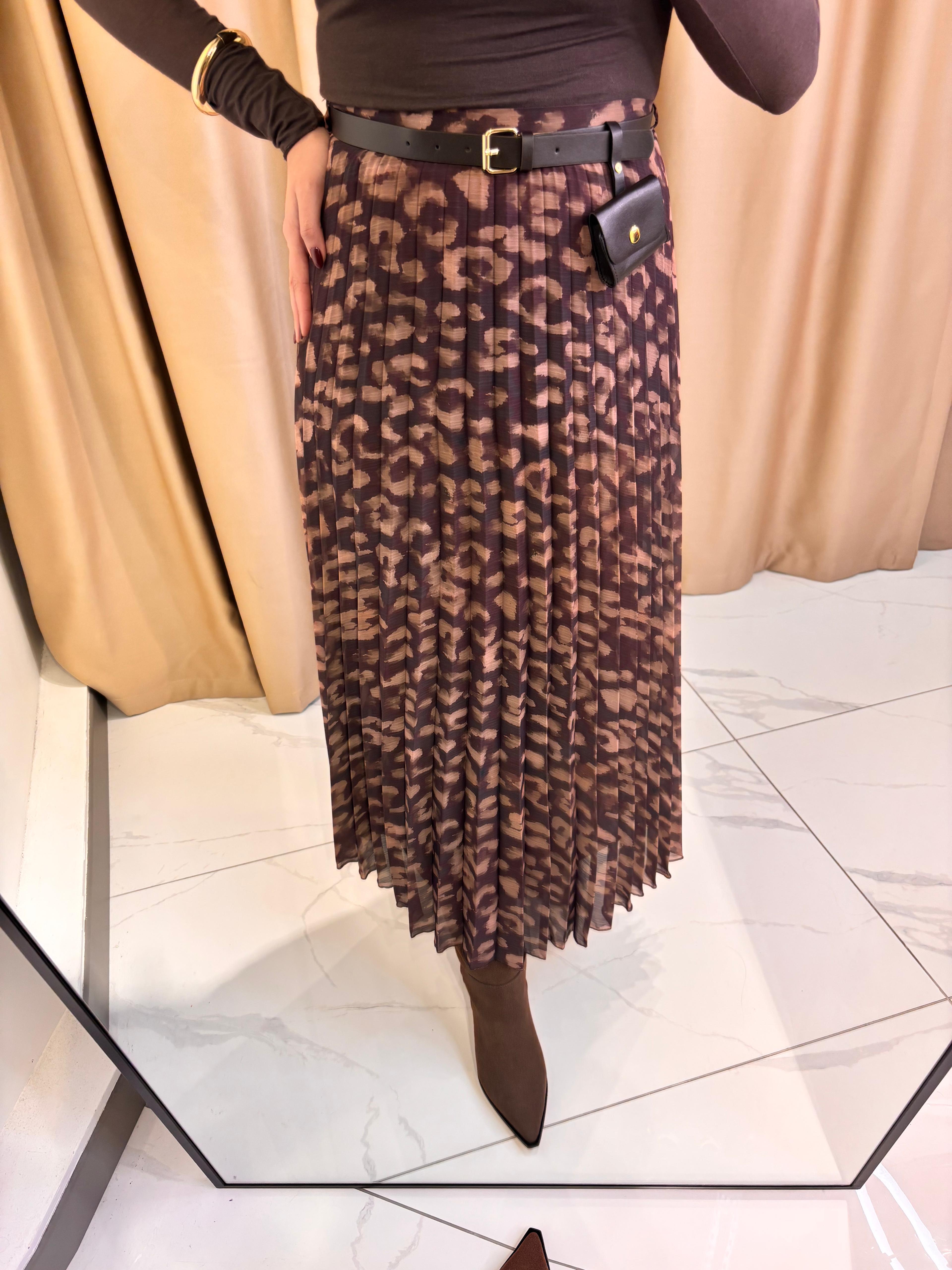 DESENLİ PİLİSELİ UZUN KEMERLİ ETEK