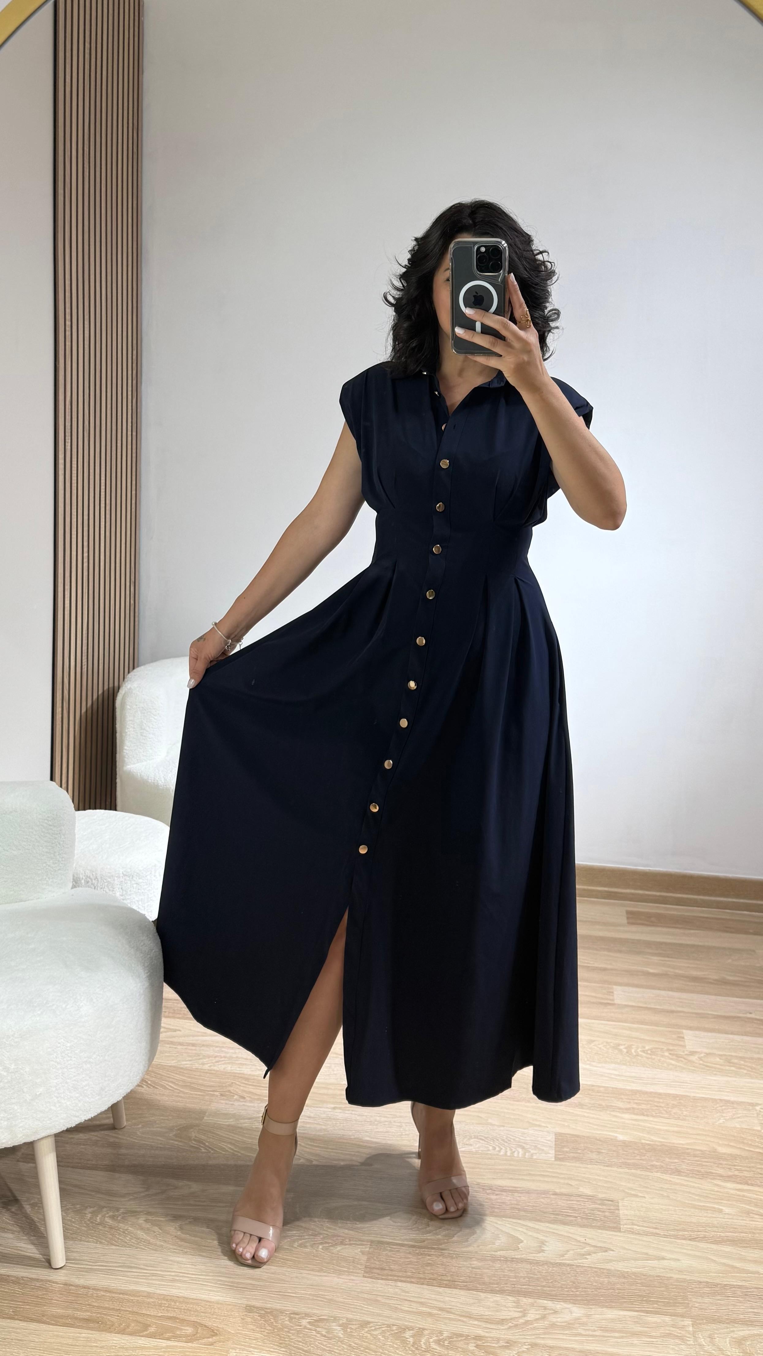 PREMİUM VATKALI MAXİ ELBİSE LACİVERT
