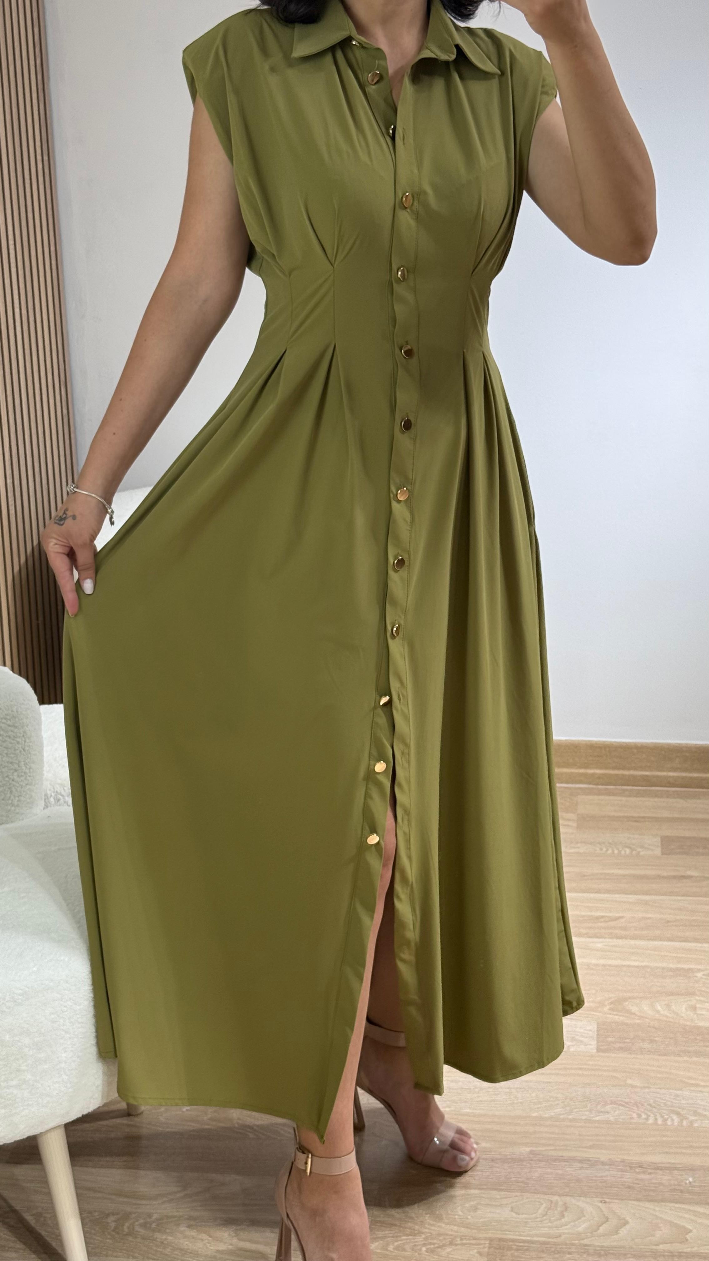 PREMİUM VATKALI MAXİ ELBİSE YAĞ YEŞİLİ