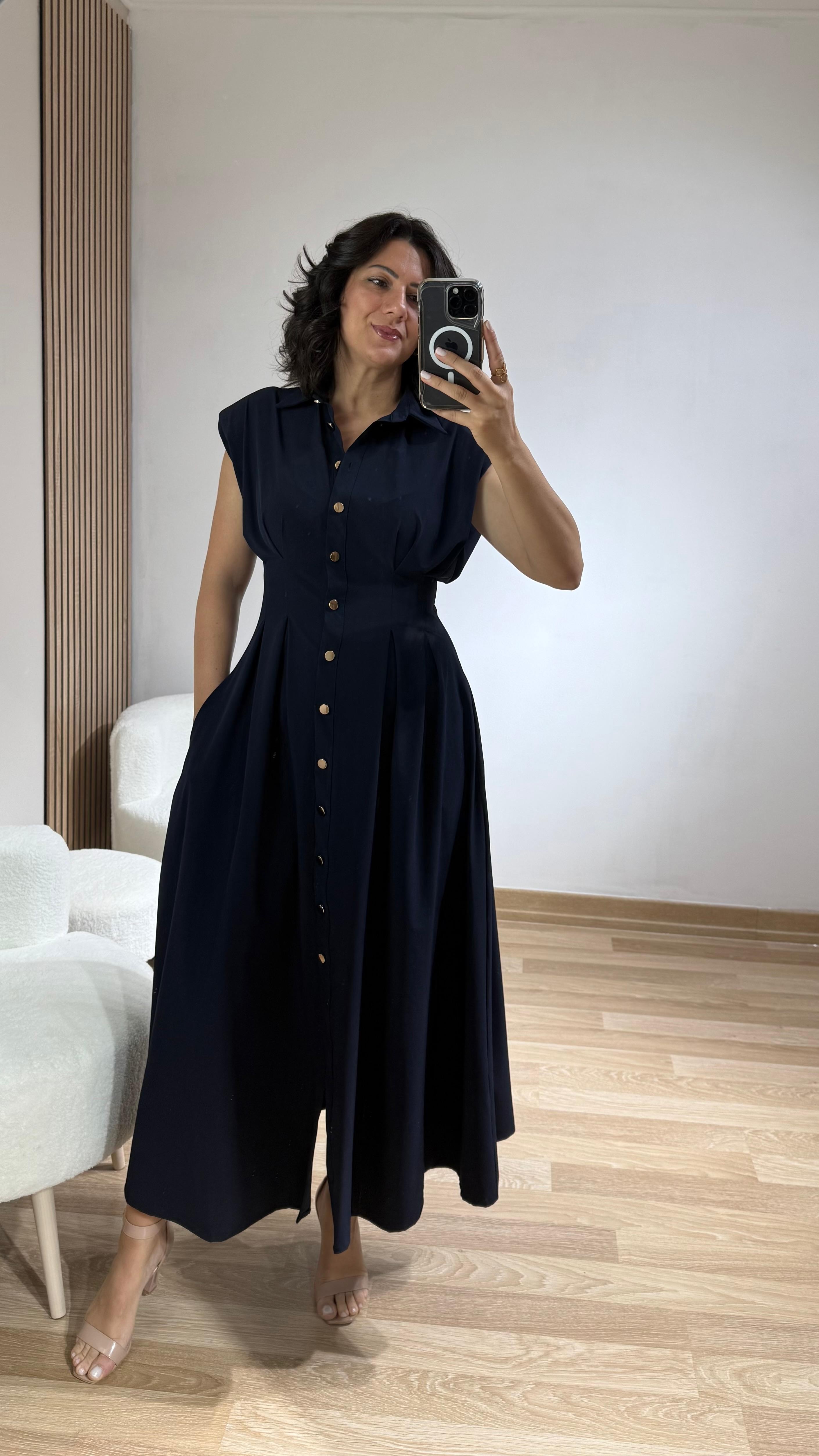 PREMİUM VATKALI MAXİ ELBİSE LACİVERT