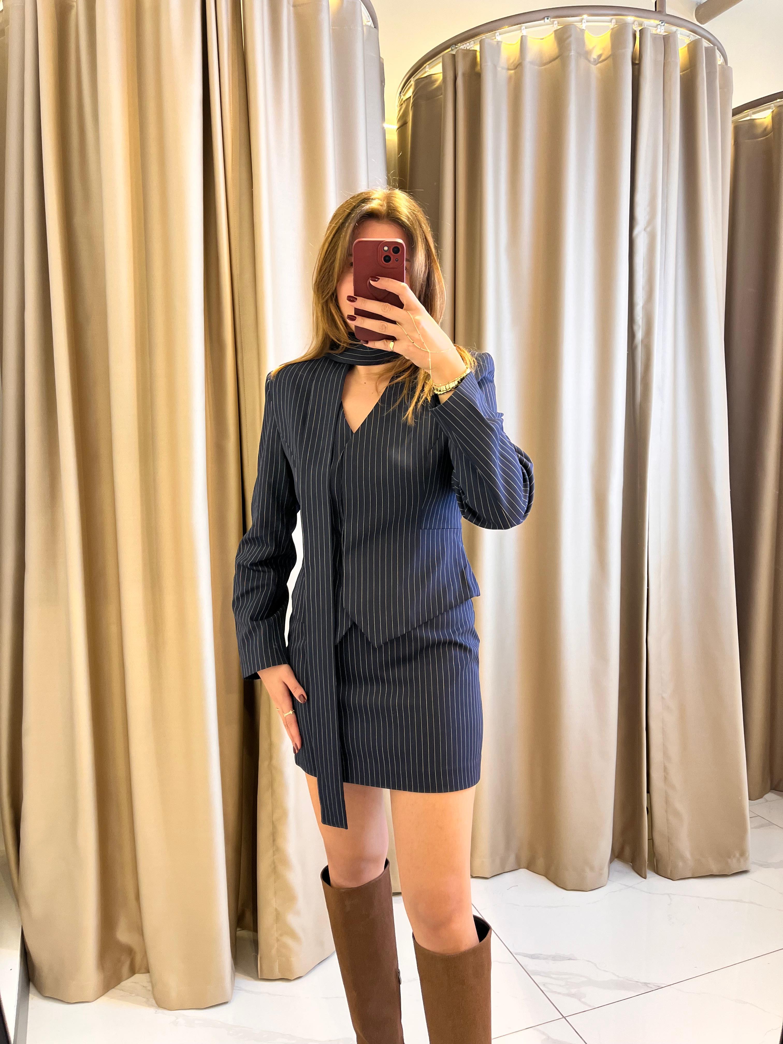 ÇİZGİLİ TASARIM ETEK CEKET TAKIM