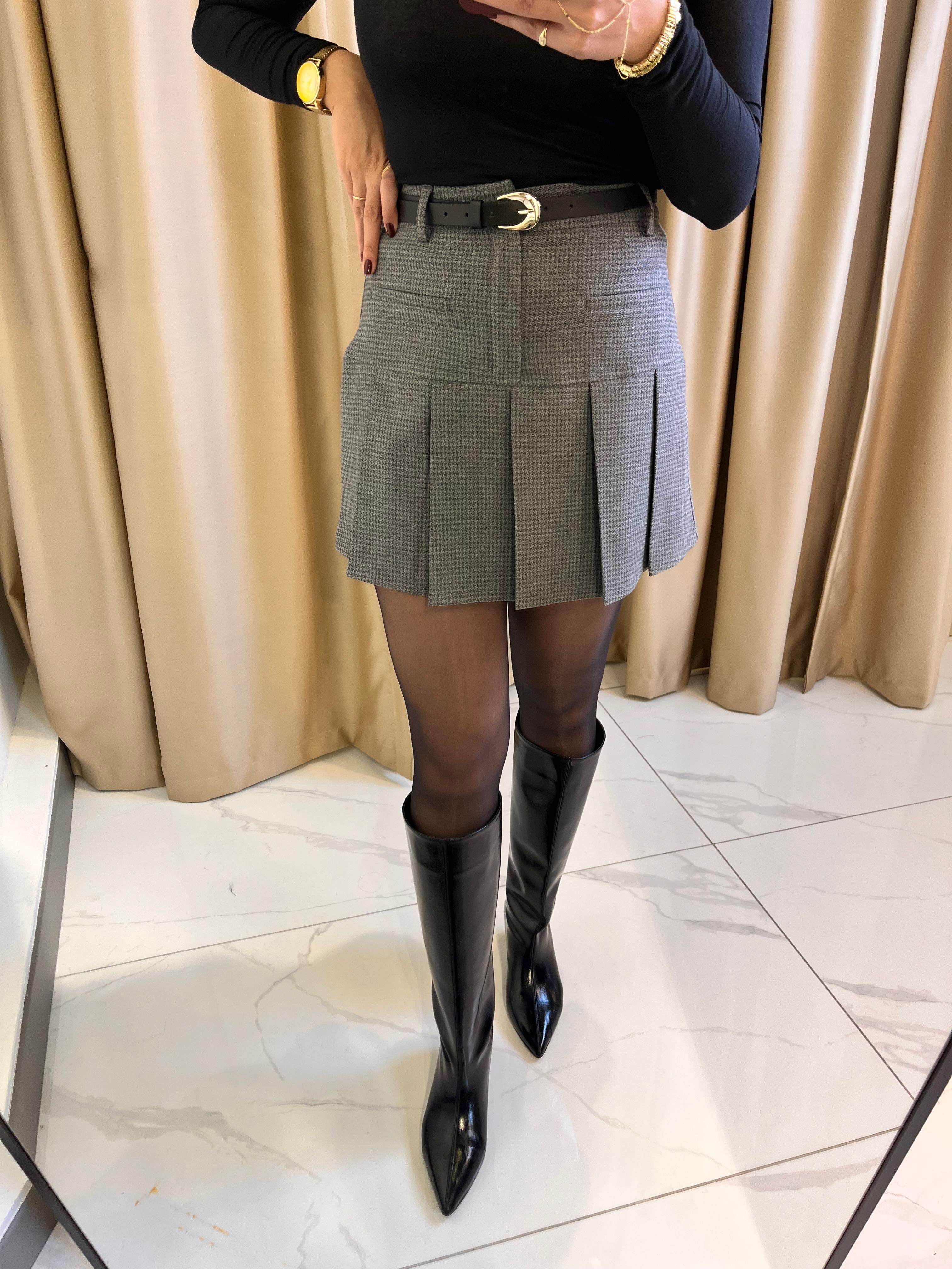 KAZ AYAĞI DESENLİ KEMERLİ PİLELİ ETEK