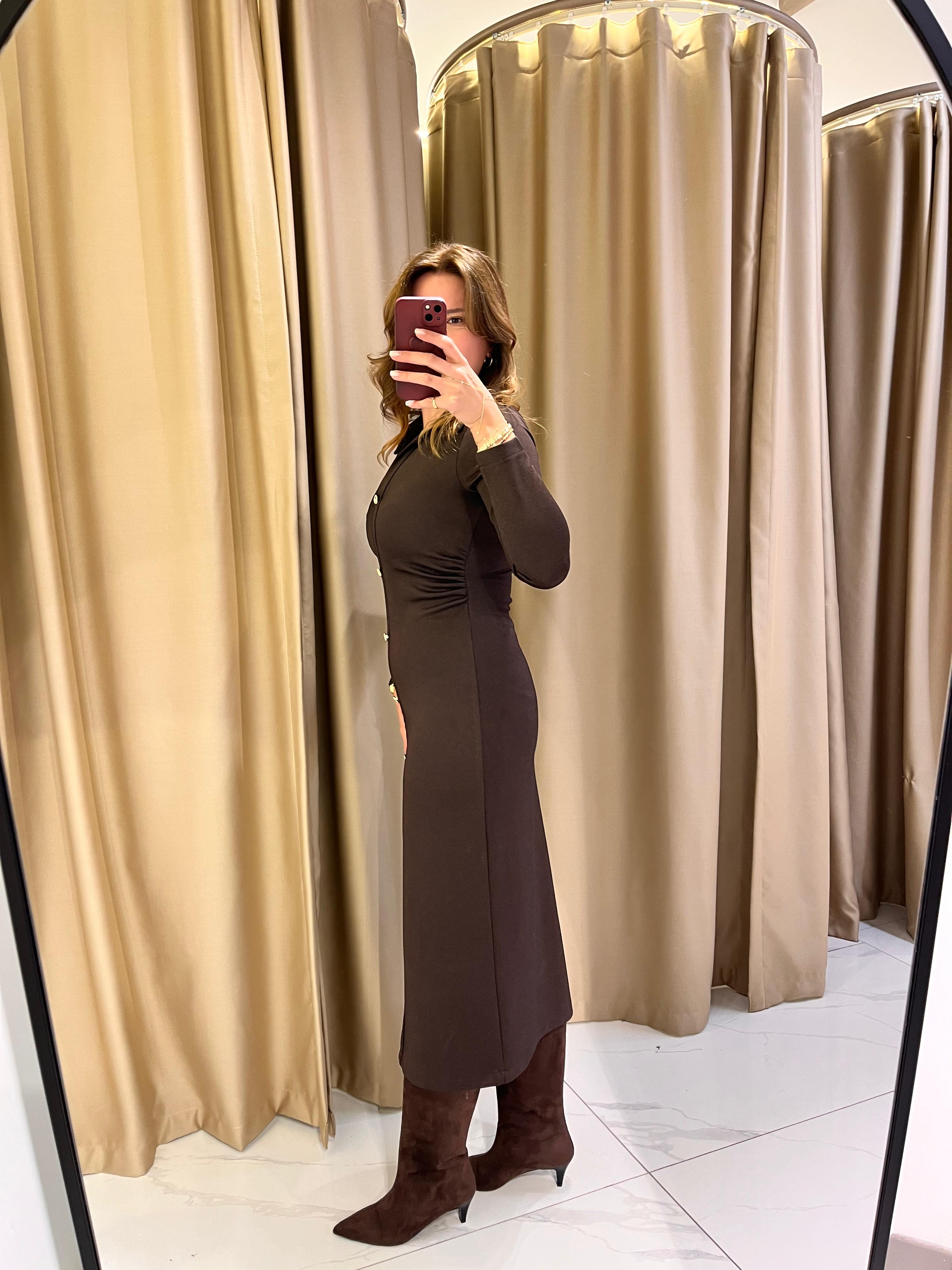 BELİ DRAPE DETAY DÜĞMELİ ELBİSE