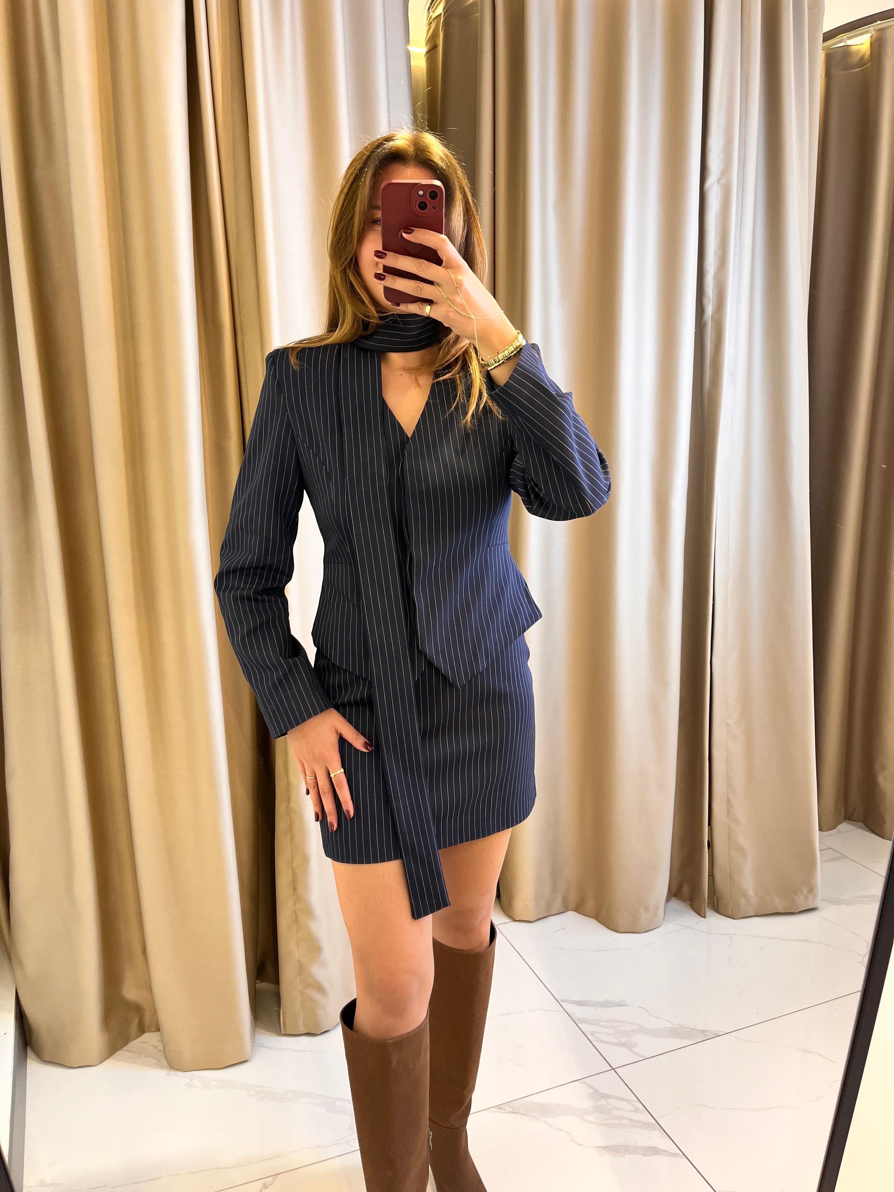 ÇİZGİLİ TASARIM ETEK CEKET TAKIM