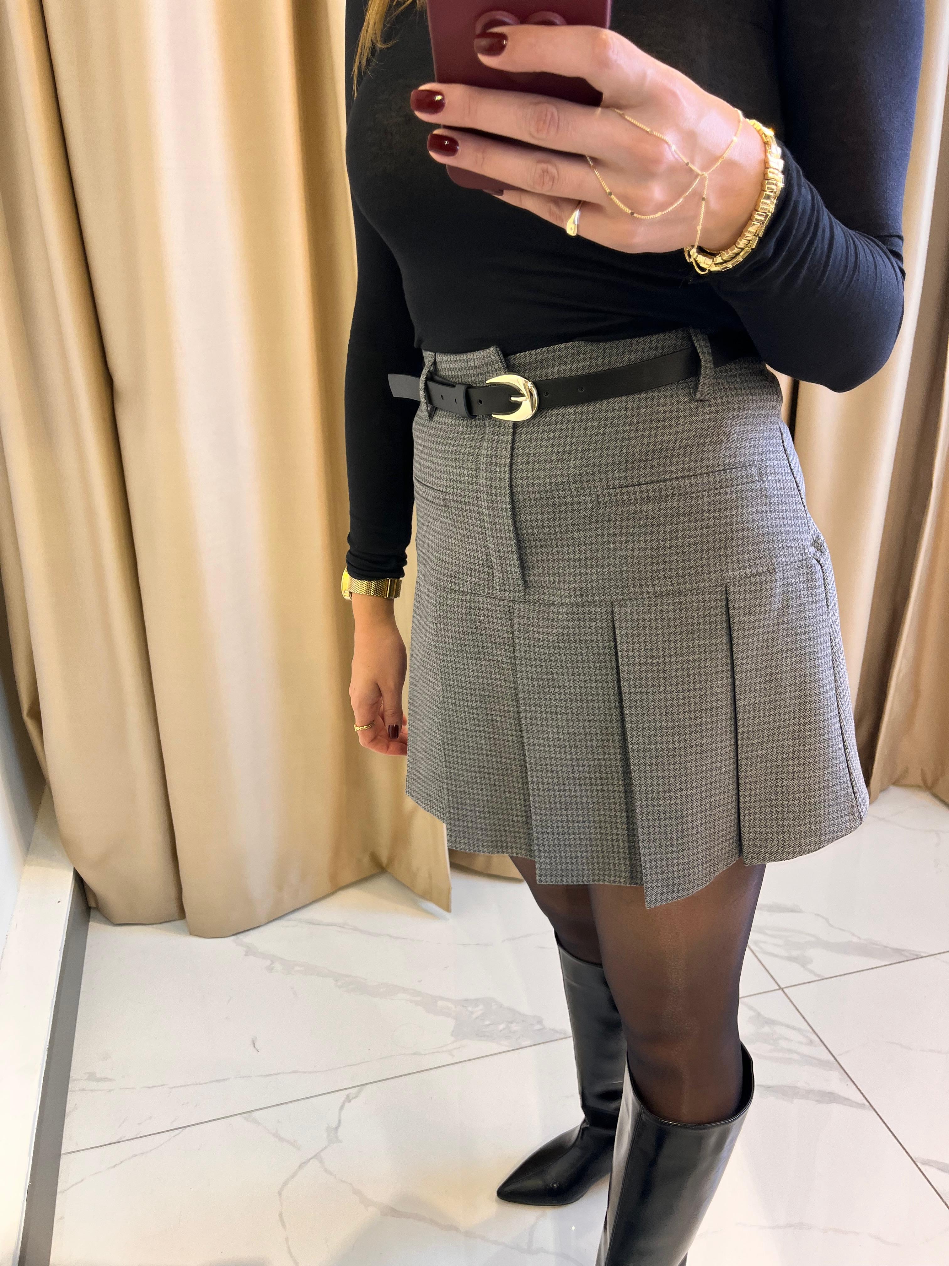 KAZ AYAĞI DESENLİ KEMERLİ PİLELİ ETEK