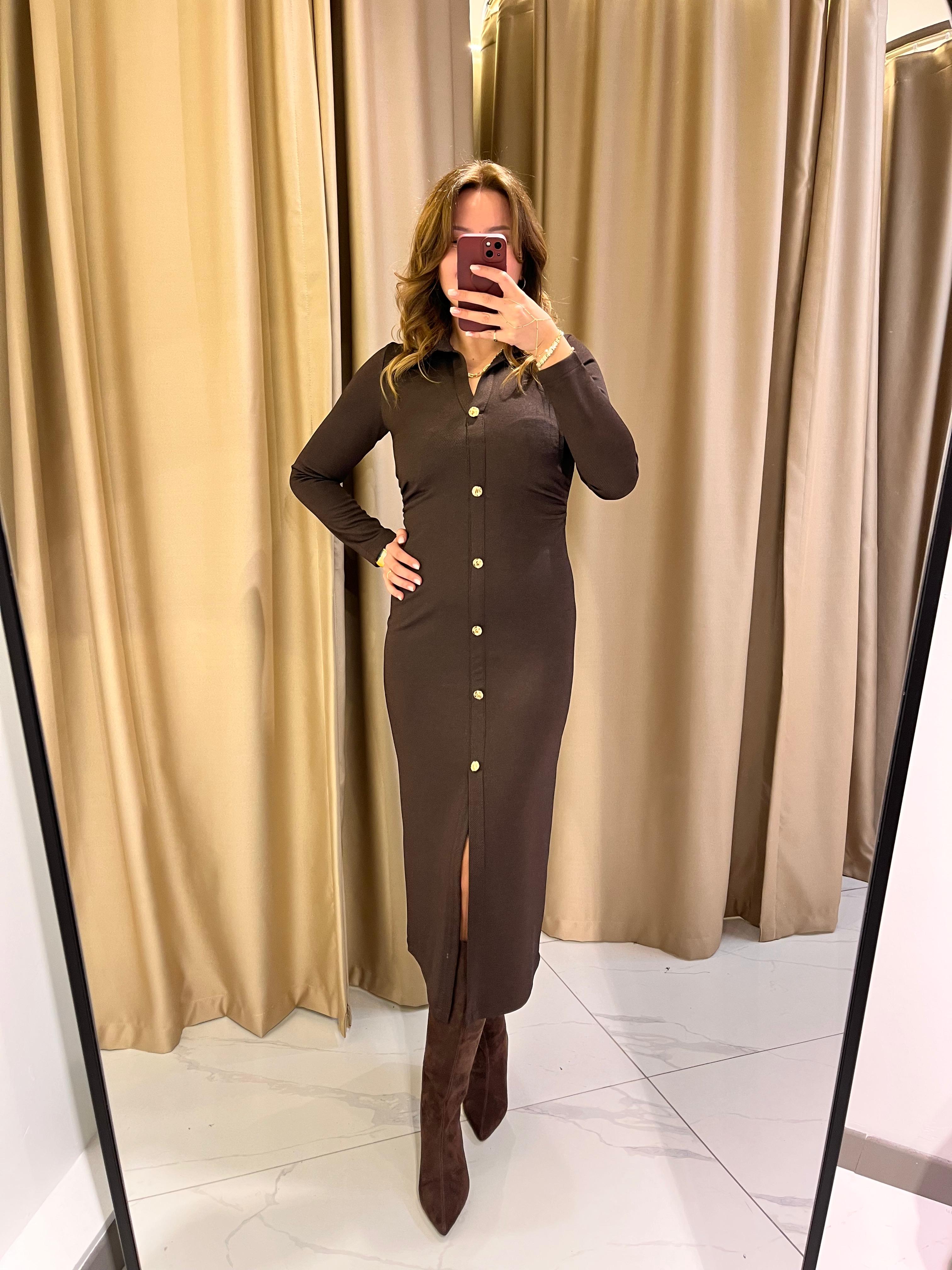 BELİ DRAPE DETAY DÜĞMELİ ELBİSE