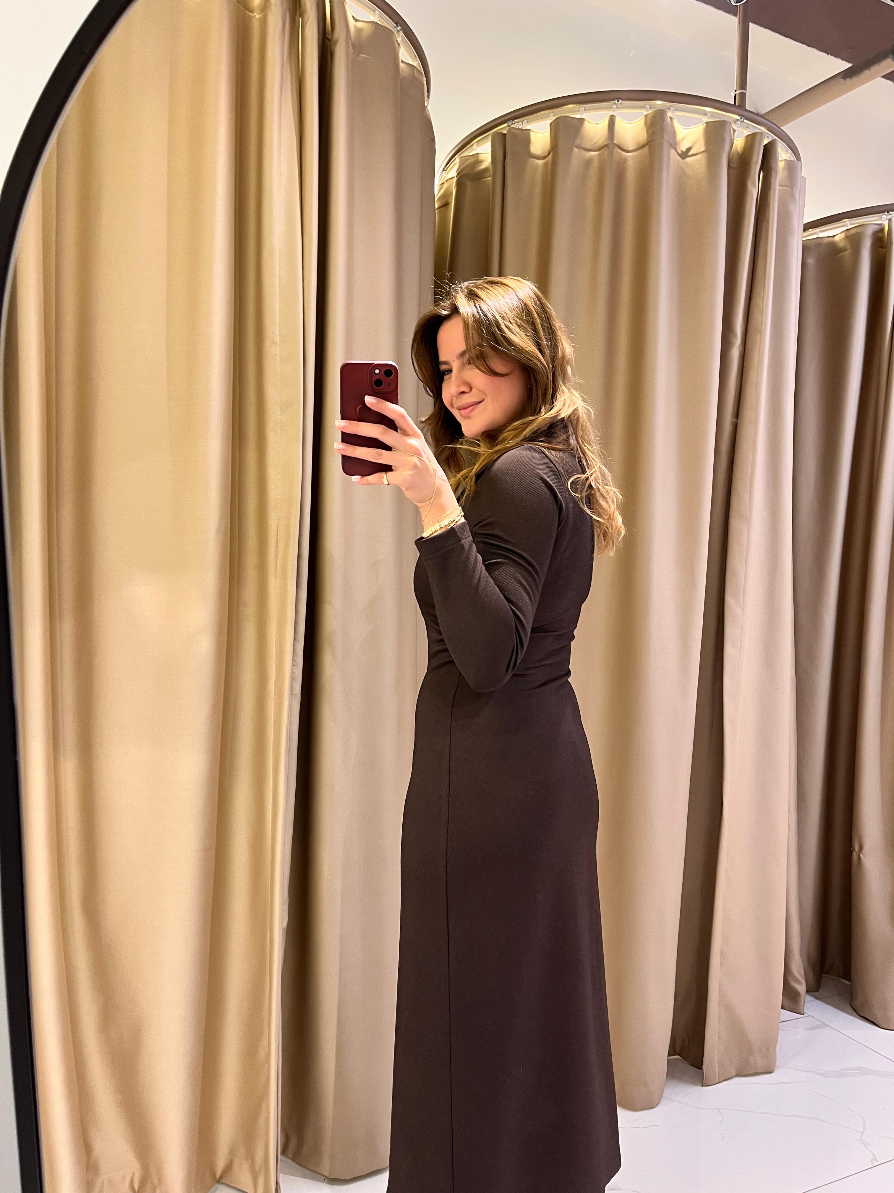 BELİ DRAPE DETAY DÜĞMELİ ELBİSE