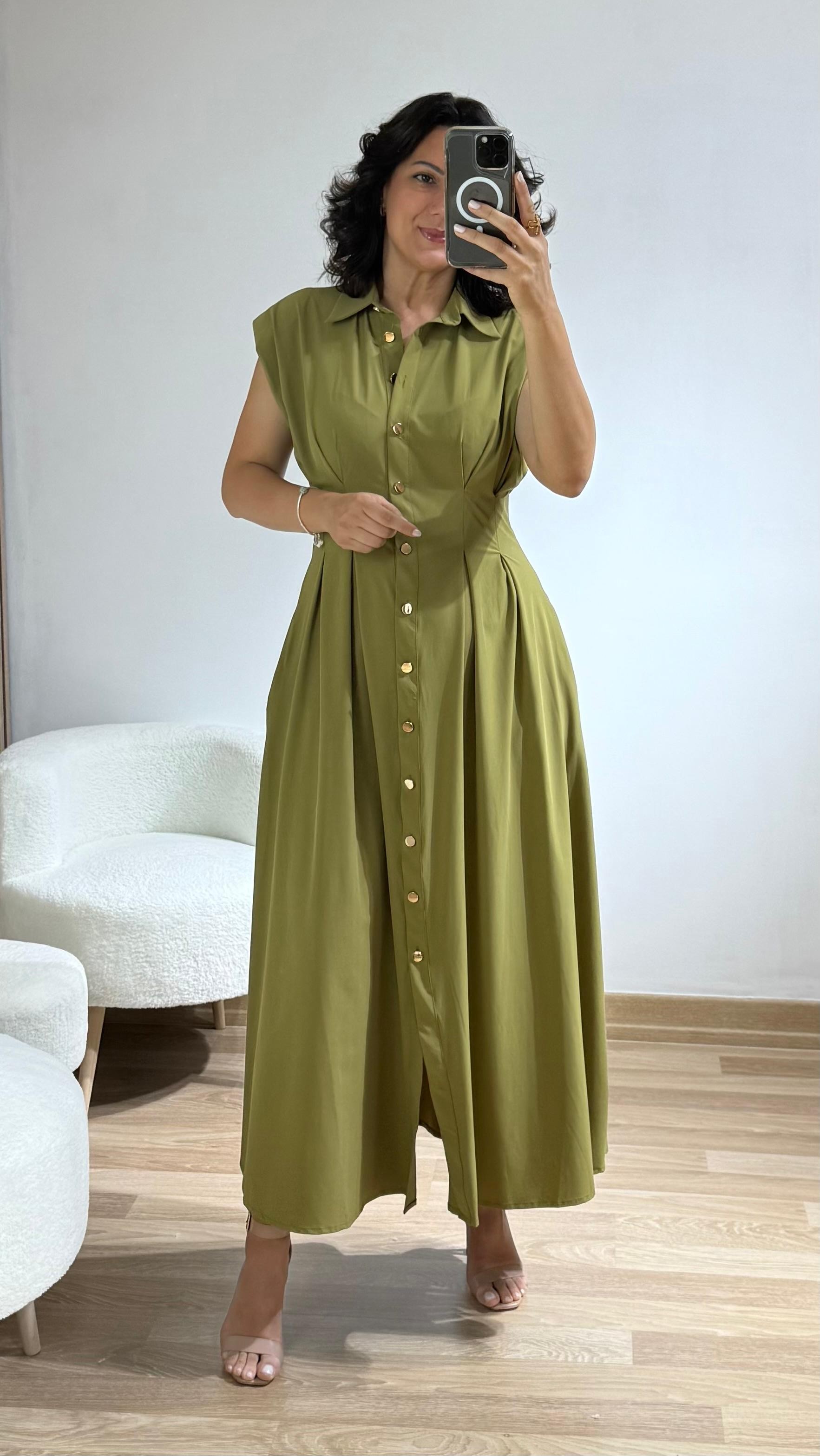 PREMİUM VATKALI MAXİ ELBİSE YAĞ YEŞİLİ