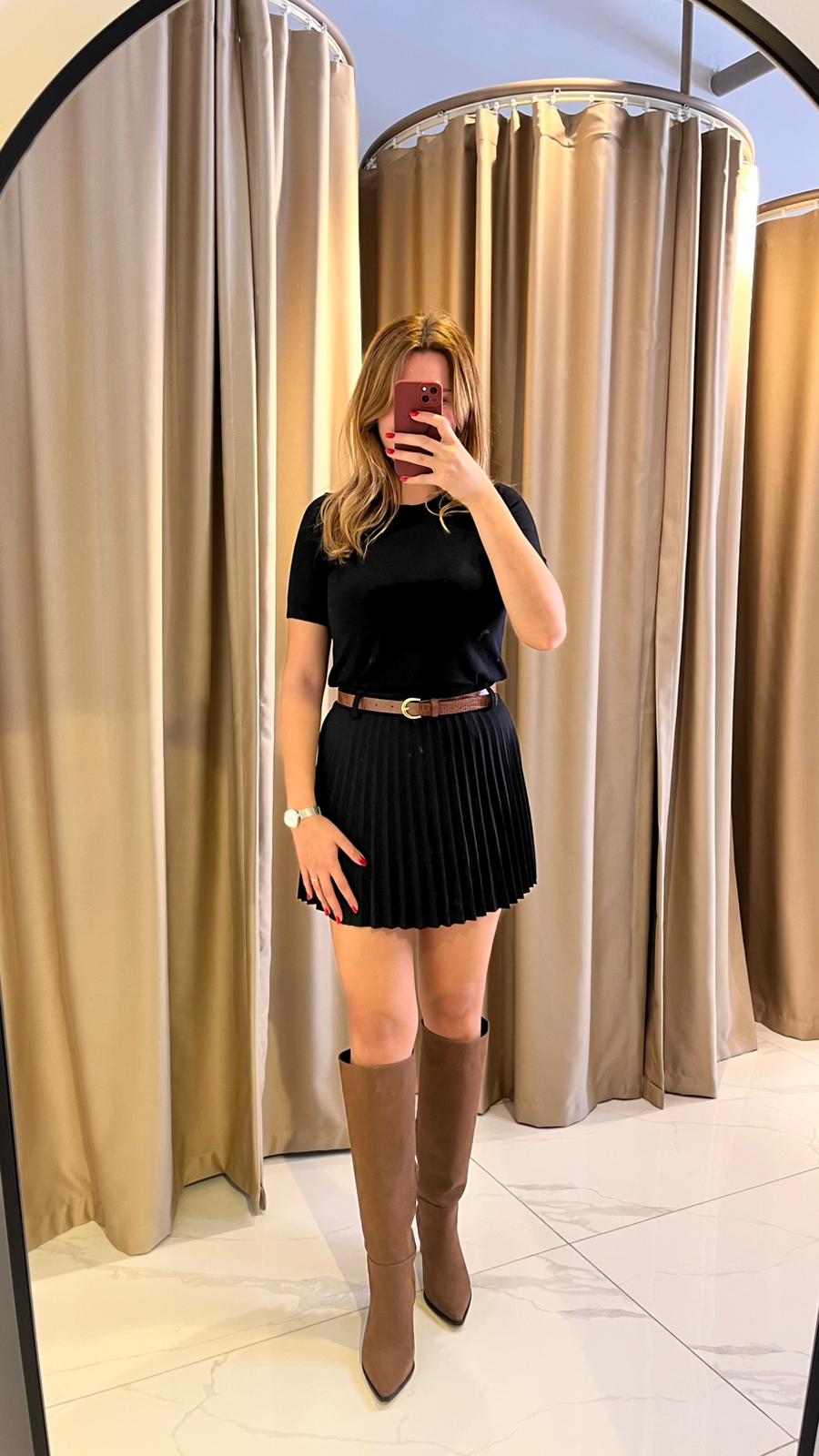 PİLELİ KEMERLİ MİNİ ETEK