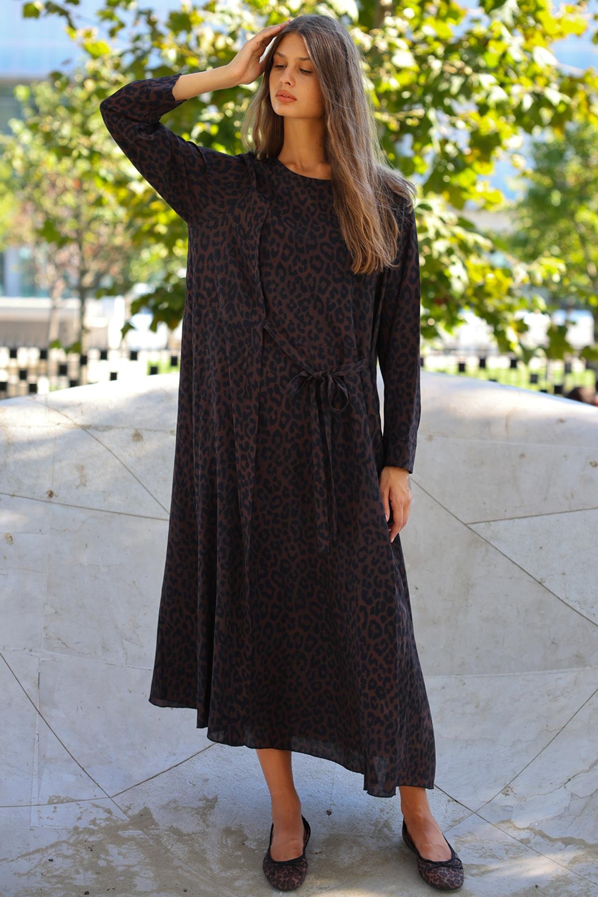 NOİ MAROKEN LEOPARLI ÖNDEN BAĞLAMALI ELBİSE 65202