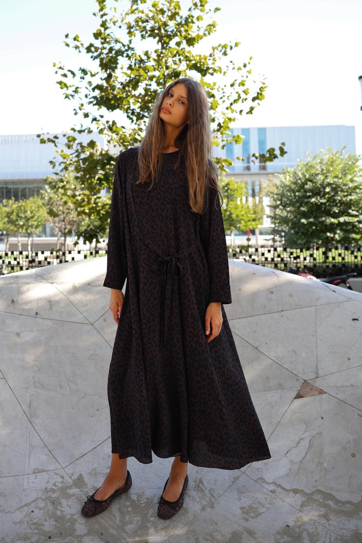 NOİ MAROKEN LEOPARLI ÖNDEN BAĞLAMALI ELBİSE 65202