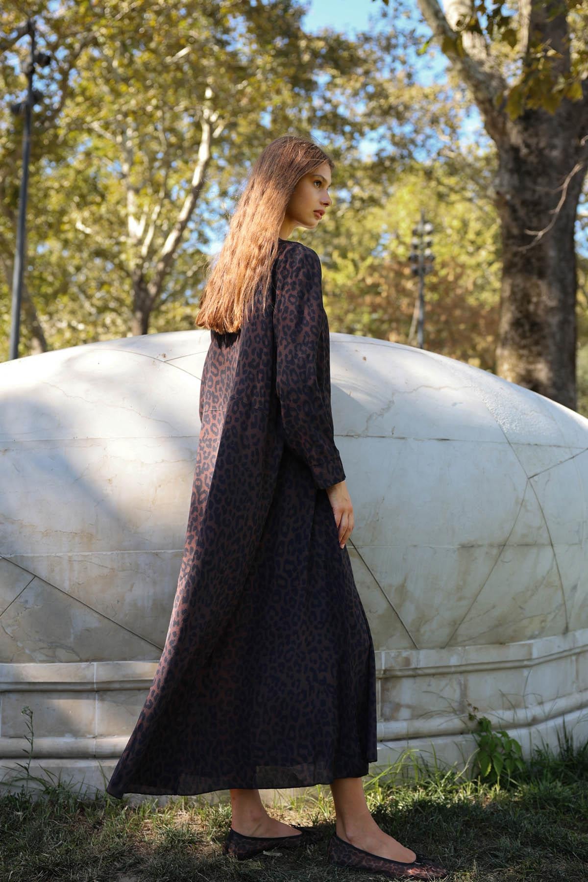 NOİ MAROKEN LEOPARLI ÖNDEN BAĞLAMALI ELBİSE 65202