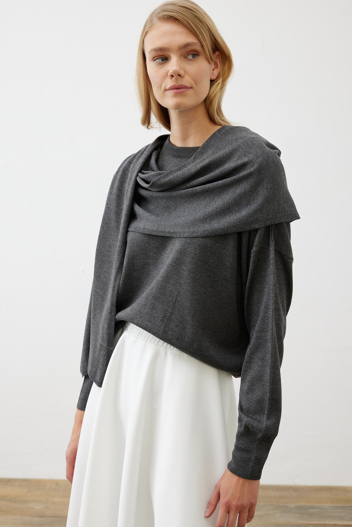 TERZİ DÜKKANI BELLA ŞAL DETAYLI TRİKO KAZAK TD24K15033009 - Gri