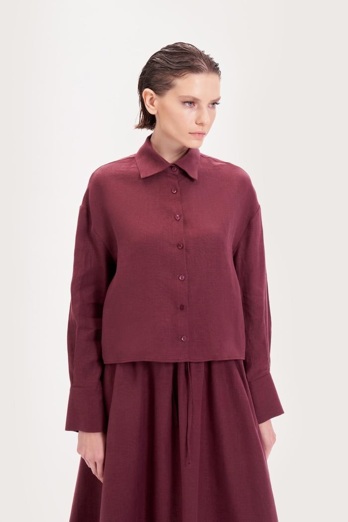 TERZİ DÜKKANI NATURAL %100 KETEN KISA GÖMLEK - Bordo