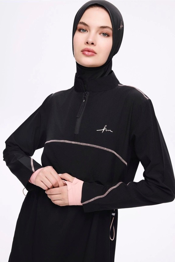 HAŞEMA ESİLA PEMBE BİYELİ SİYAH 5 PARÇA JİLELİ TAM TESETTÜR MAYO TAKIMI
