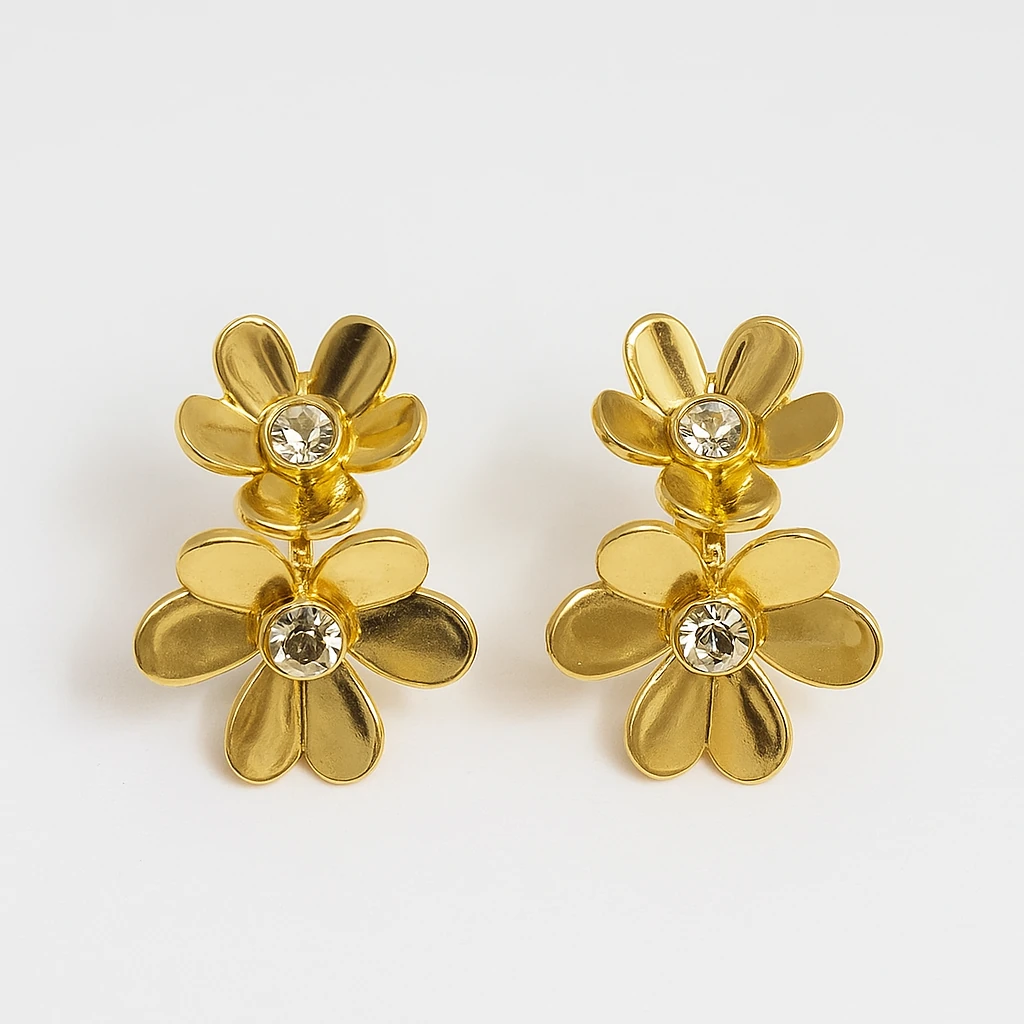 Kristal Taşlı İkili Çiçek Model Küpe