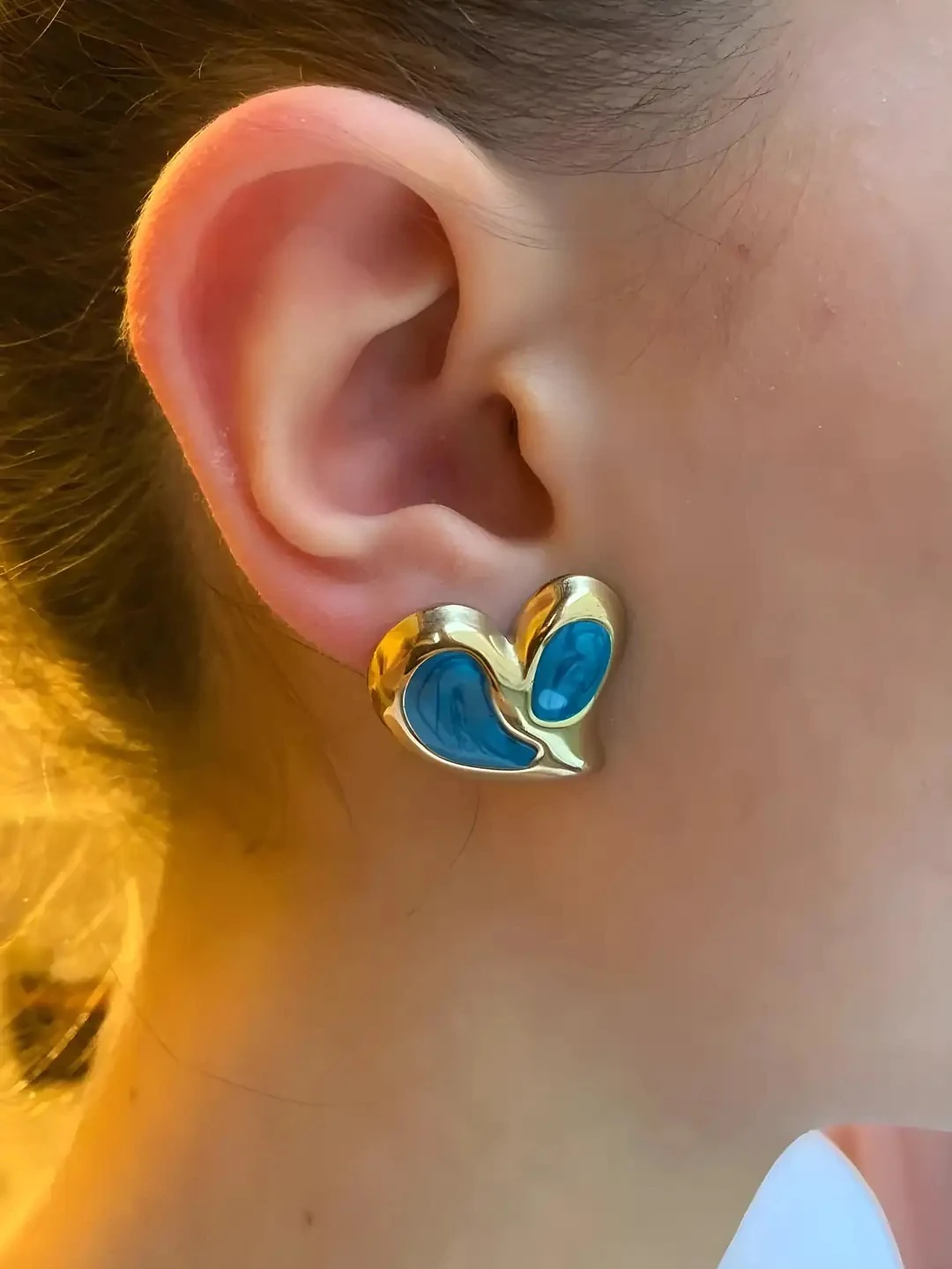 Akrilik Kalp Model Gold Mavi Küpe