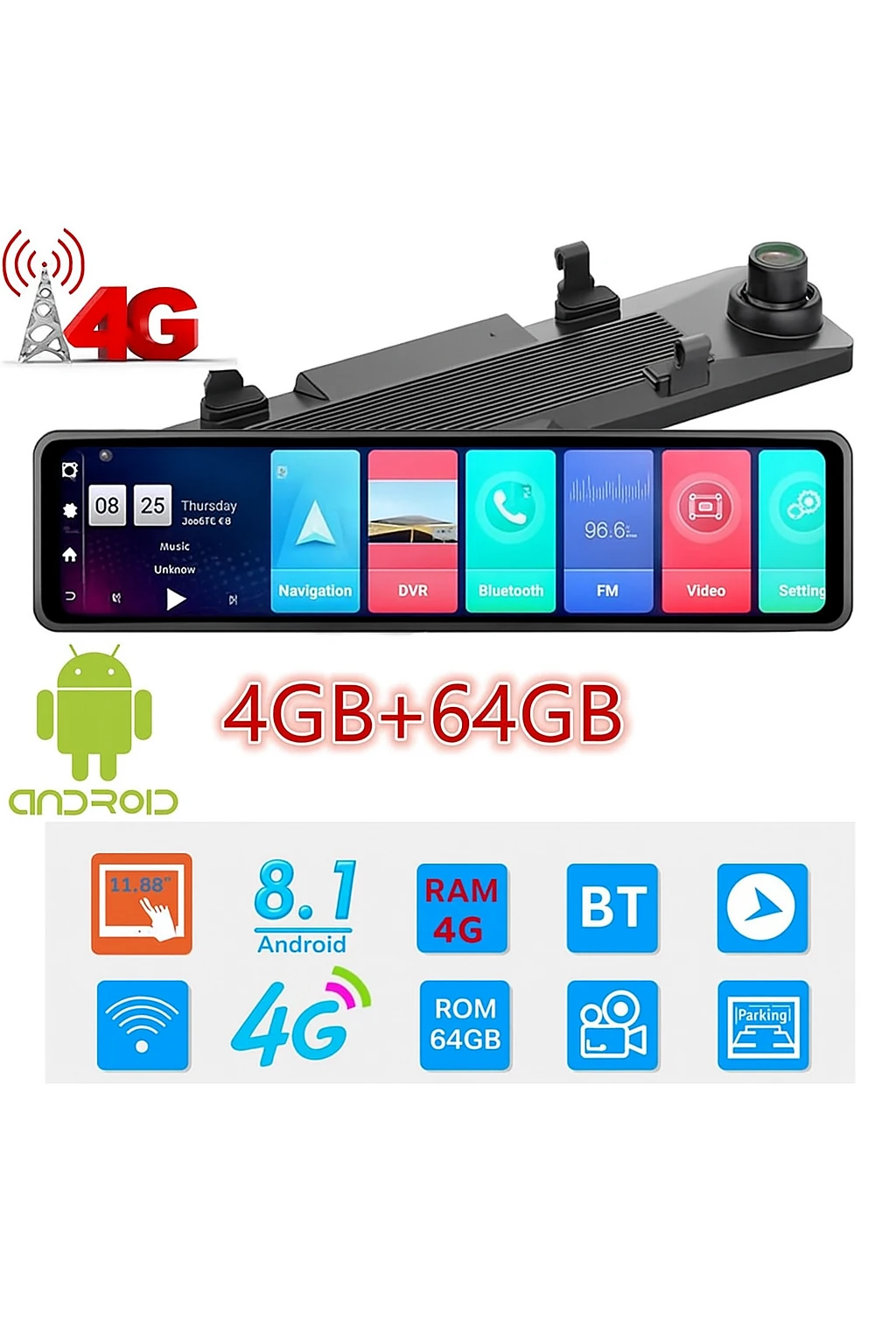 Wevolt 4G HB-20-3 64 GB 12 İNÇ DOKUNMATİK AYNA KAMERA ANDROİD UZAKTAN İZLEMELİ 1080P ÖN ARKA ARAÇ KAMERA.