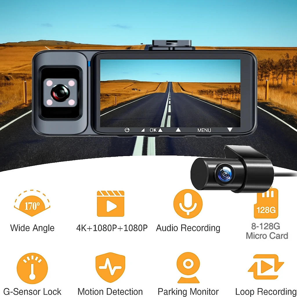 Wevolt PREMİUM MB-460-2 4K ULTRAHD 3 KAMERALI ARAÇ İÇİ KAMERA (TÜRKÇE MENÜ+GPS+WİFİ) ÜÇ KAMERALI.