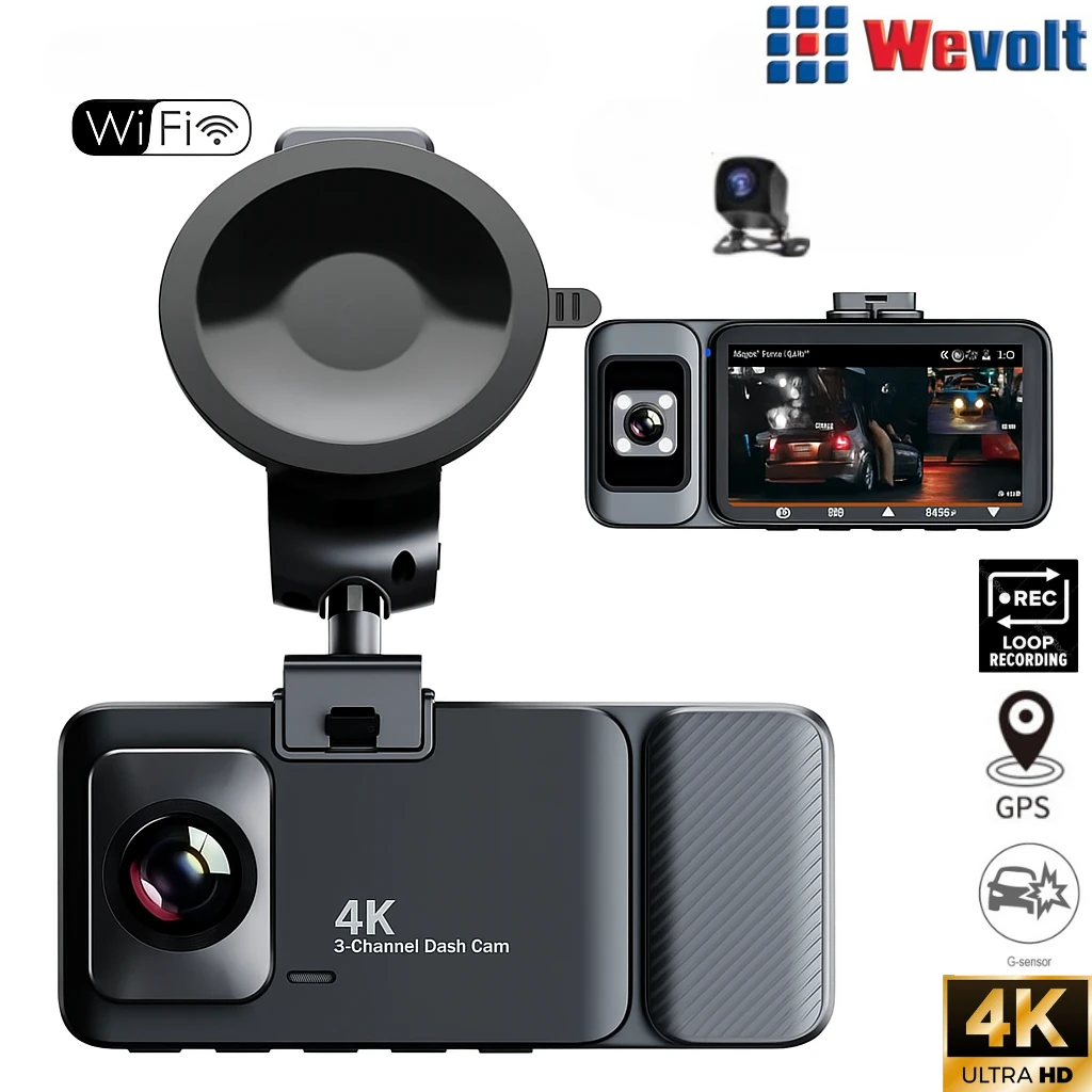 Wevolt PREMİUM MB-460-2 4K ULTRAHD 3 KAMERALI ARAÇ İÇİ KAMERA (TÜRKÇE MENÜ+GPS+WİFİ) ÜÇ KAMERALI.