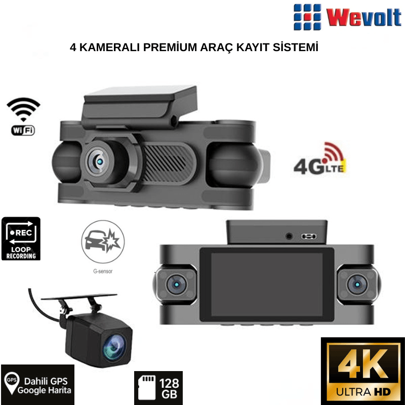 MB-6000 YENİ PREMİUM 4K 4 KAMERALI GENİŞ AÇI ARAÇ KAYIT KAMERASI