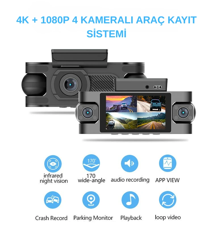 HB-6000 YENİ PREMİUM 4K 4 KAMERALI GENİŞ AÇI ARAÇ KAYIT KAMERASI