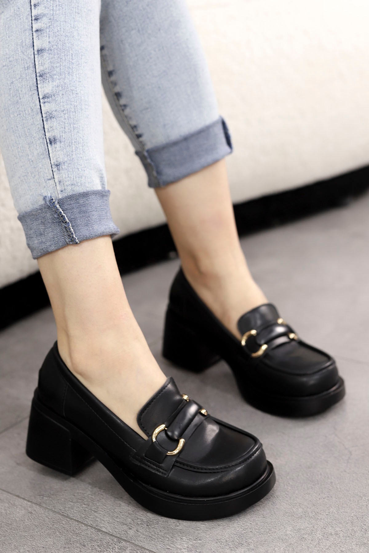 MSN 504 Toka Detaylı Topuklu Loafer - SİYAH-DERİ