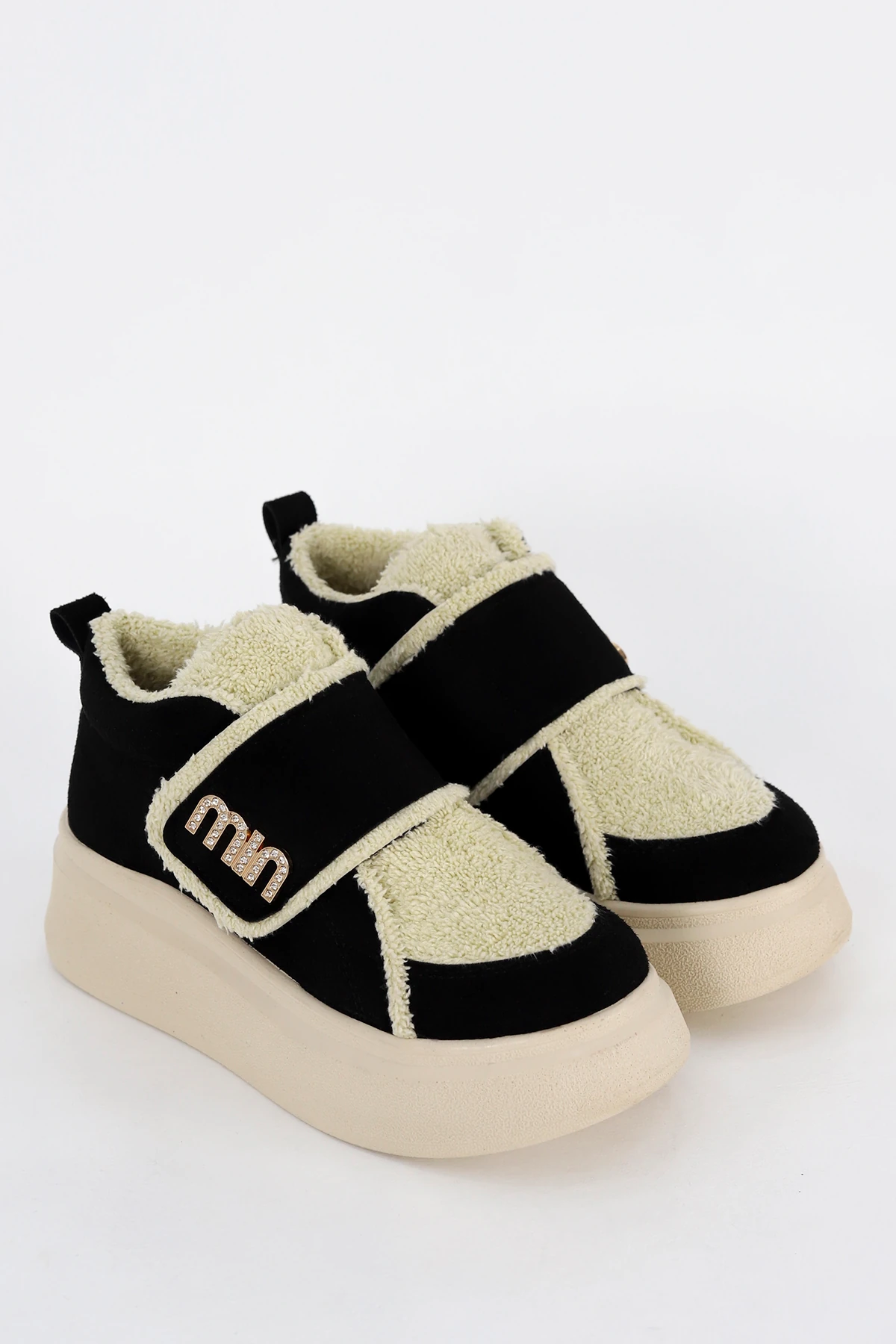 MDL 614 Taş Toka Detaylı Kürklü Yarım Bot - SİYAH-TEN