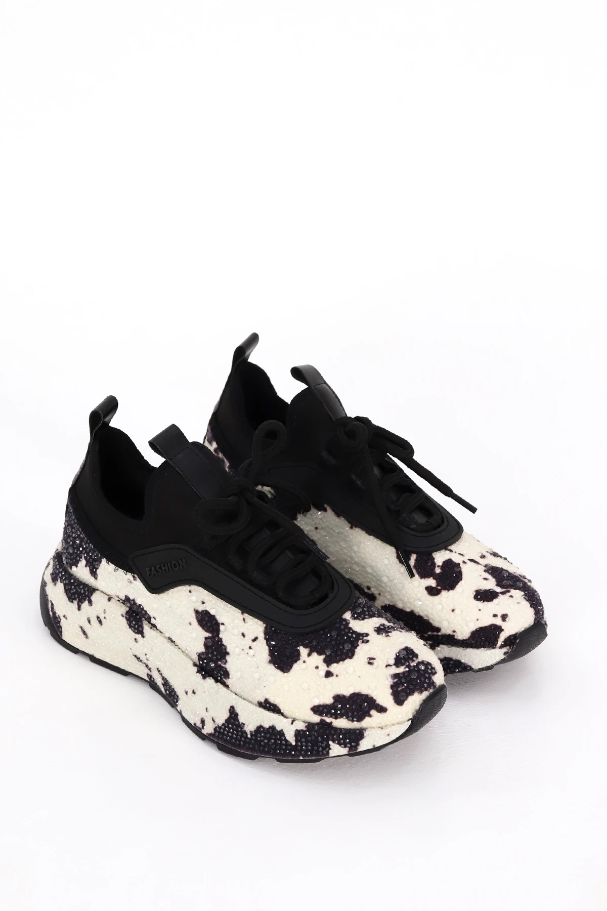 PRNS 116-1 Desenli Taş Detaylı Spor Ayakkabı - BEYAZ-SİYAH DESEN